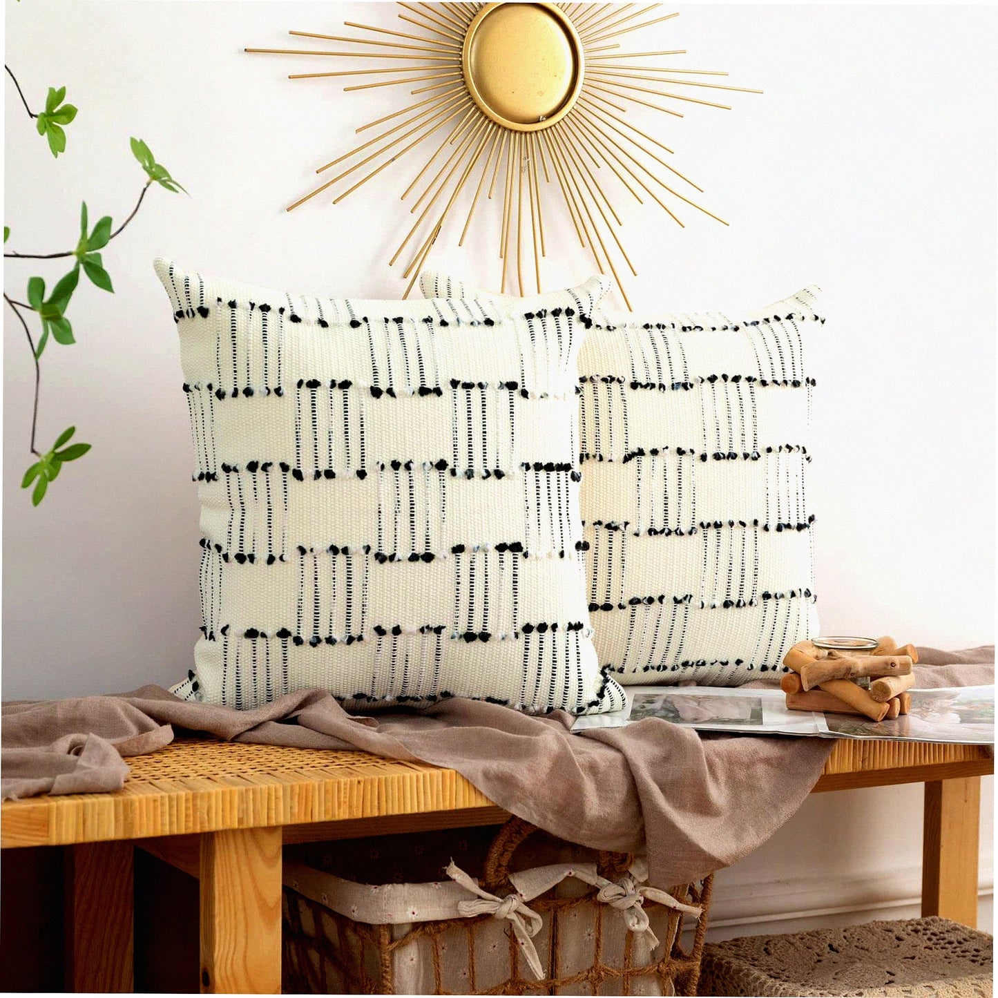 Boho Farmhouse Textured Pillow Covers - Set of 2 Black & White 18x18Inch Square Pillowcases for Sofa Couch Chair Bedroom Decor