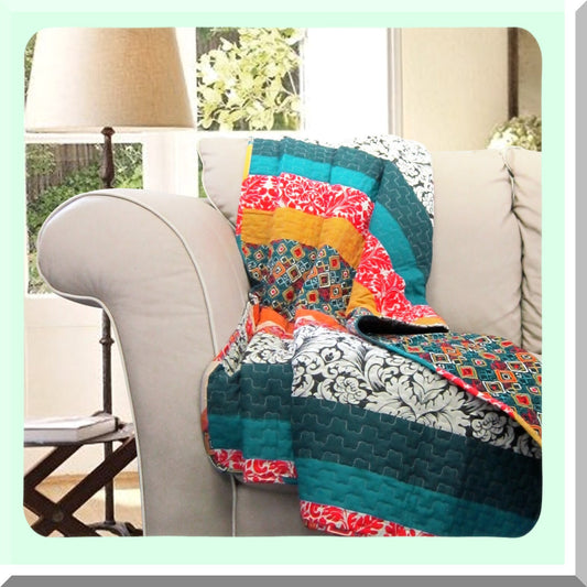 Boho Bliss Reversible Throw - Colorful Striped Bohemian Blanket, 60x50, Turquoise & Tangerine