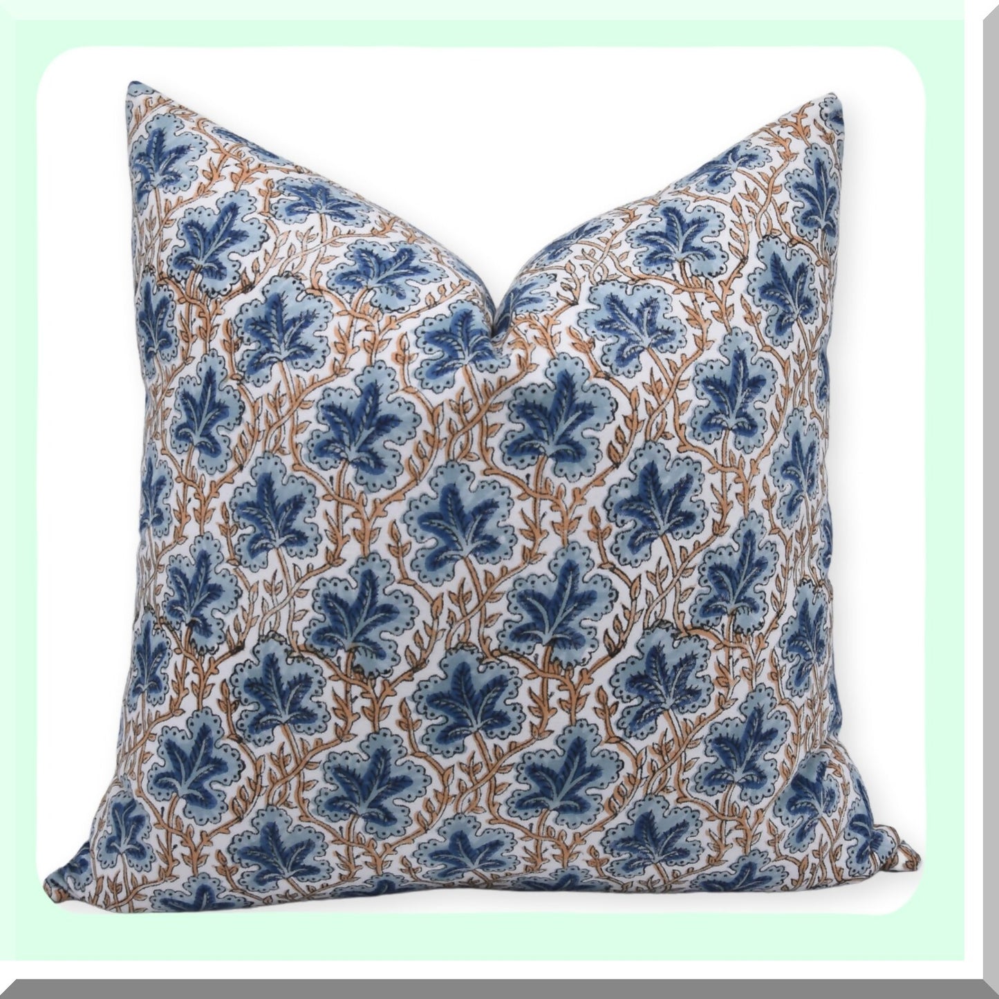 Boho Chic Floral Cushion Covers - Set of 2, White Block Print Throw Pillow Cases for Sofa, Thick Cotton Decorative Pillow Covers 22x22, Blue Outdoor Cushion Cover for Couch, Home Decor Puspsamita