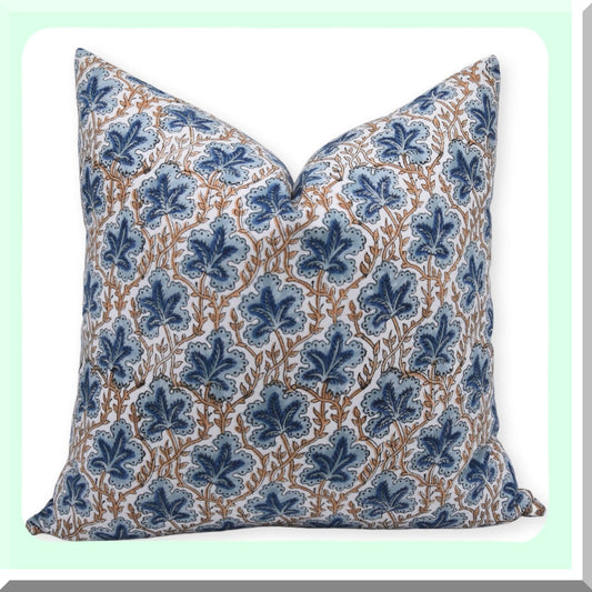Boho Chic Floral Cushion Covers - Set of 2, White Block Print Throw Pillow Cases for Sofa, Thick Cotton Decorative Pillow Covers 22x22, Blue Outdoor Cushion Cover for Couch, Home Decor Puspsamita