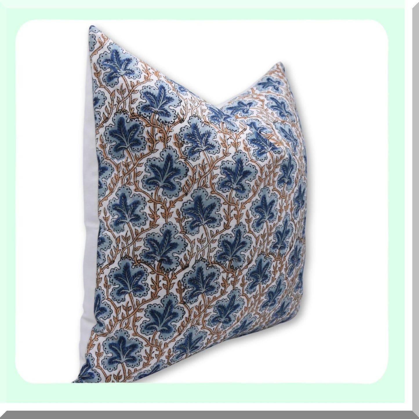 Boho Chic Floral Cushion Covers - Set of 2, White Block Print Throw Pillow Cases for Sofa, Thick Cotton Decorative Pillow Covers 22x22, Blue Outdoor Cushion Cover for Couch, Home Decor Puspsamita