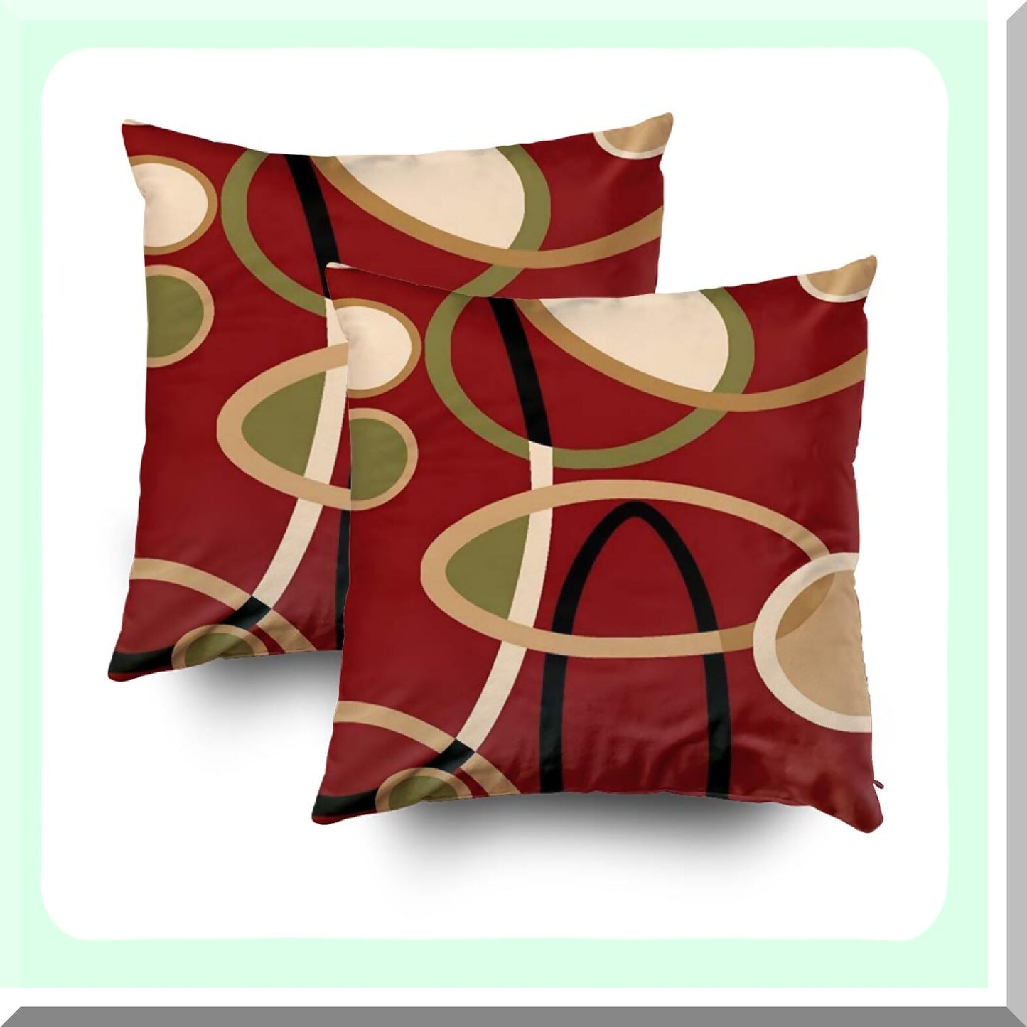 Geometric Circle Cranberry Red Tan Pillowcase Set - Decorative Throw Pillow Covers for Bookworms - Zippered Cushion Cover for Sofa Couch - 16x16 Inch
