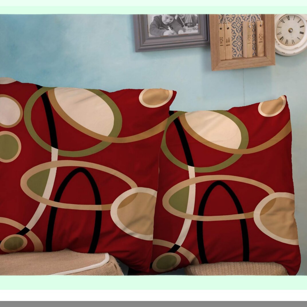Geometric Circle Cranberry Red Tan Pillowcase Set - Decorative Throw Pillow Covers for Bookworms - Zippered Cushion Cover for Sofa Couch - 16x16 Inch
