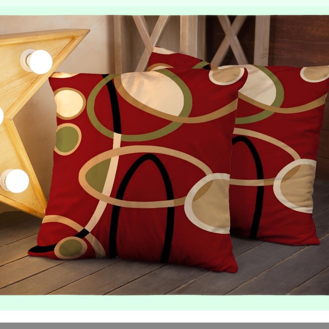 Geometric Circle Cranberry Red Tan Pillowcase Set - Decorative Throw Pillow Covers for Bookworms - Zippered Cushion Cover for Sofa Couch - 16x16 Inch
