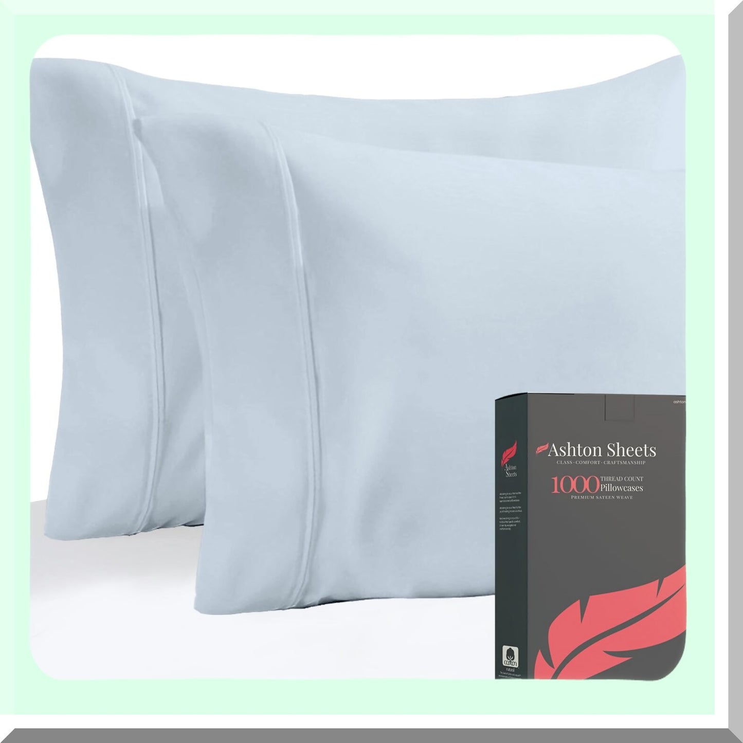 Luxury Cotton Sateen Pillowcase Set - 1000 Thread Count Soft Breathable Pillow Covers - Light Blue 2 Pc Pillowcase - Extra Long Staple Cotton
