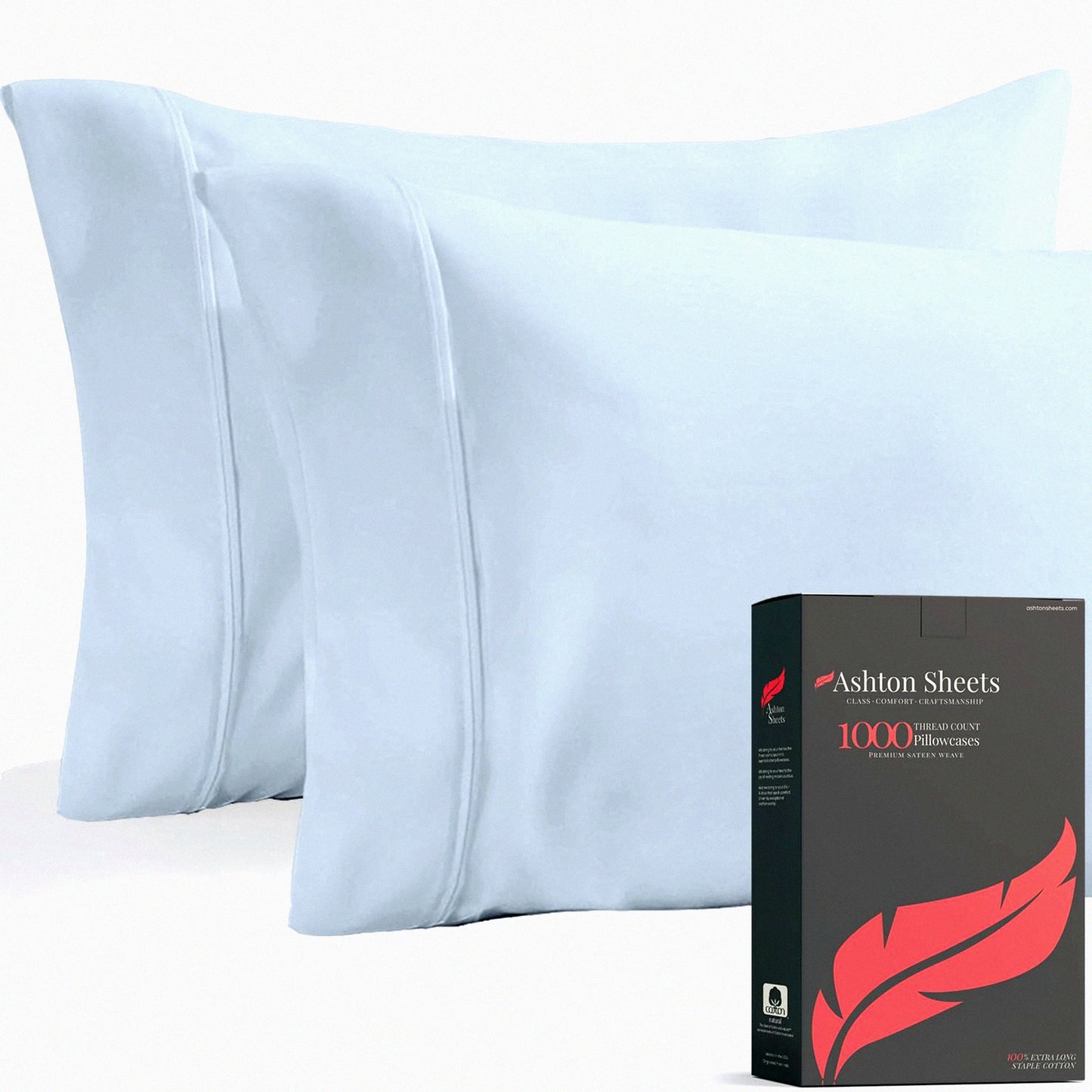 Luxury Cotton Sateen Pillowcase Set - 1000 Thread Count Soft Breathable Pillow Covers - Light Blue 2 Pc Pillowcase - Extra Long Staple Cotton