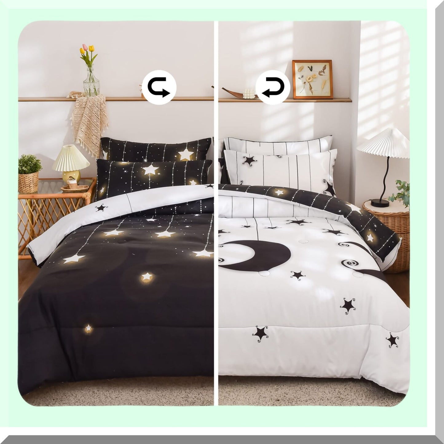 Moonlight Starry Night Queen Comforter Set - Black White Reversible Bedding for All Seasons. Lightweight 3 Piece Set with 2 Pillow Shams.