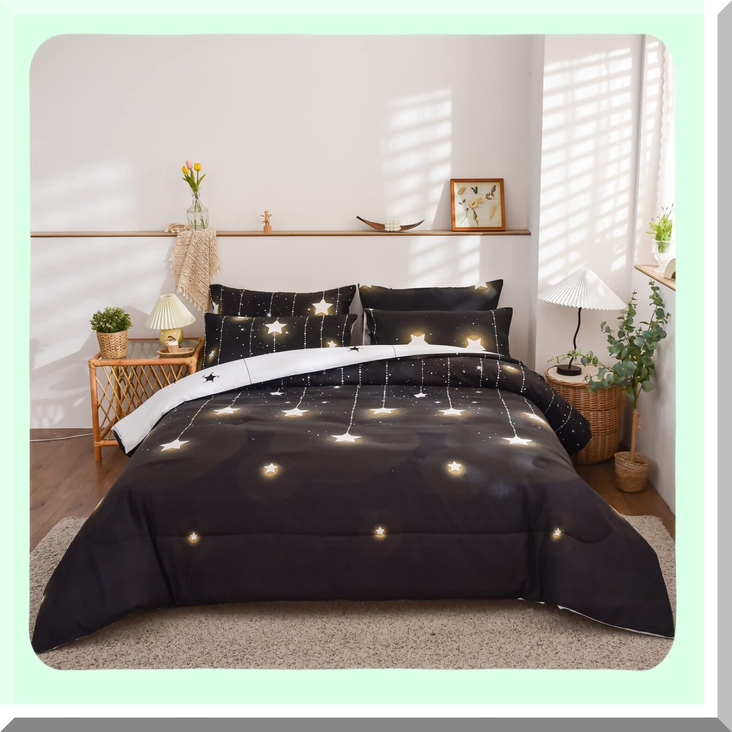 Moonlight Starry Night Queen Comforter Set - Black White Reversible Bedding for All Seasons. Lightweight 3 Piece Set with 2 Pillow Shams.
