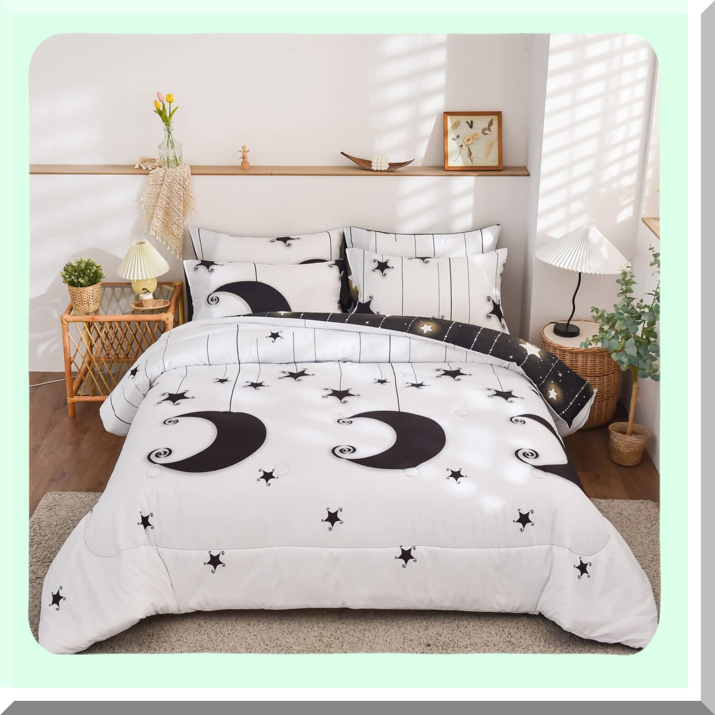 Moonlight Starry Night Queen Comforter Set - Black White Reversible Bedding for All Seasons. Lightweight 3 Piece Set with 2 Pillow Shams.