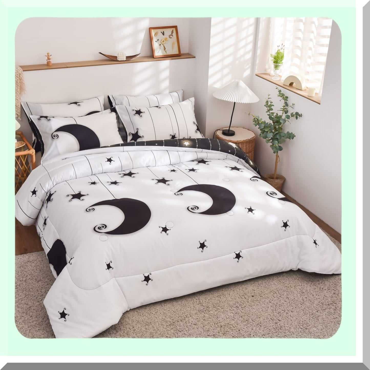Moonlight Starry Night Queen Comforter Set - Black White Reversible Bedding for All Seasons. Lightweight 3 Piece Set with 2 Pillow Shams.