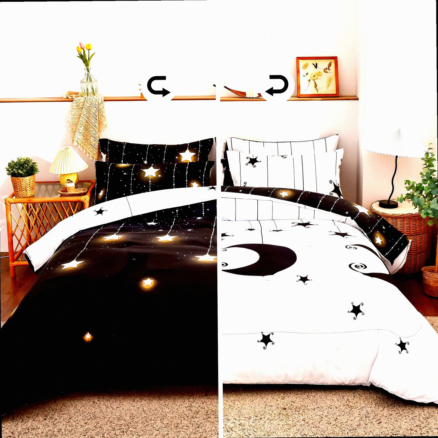 Moonlight Starry Night Queen Comforter Set - Black White Reversible Bedding for All Seasons. Lightweight 3 Piece Set with 2 Pillow Shams.