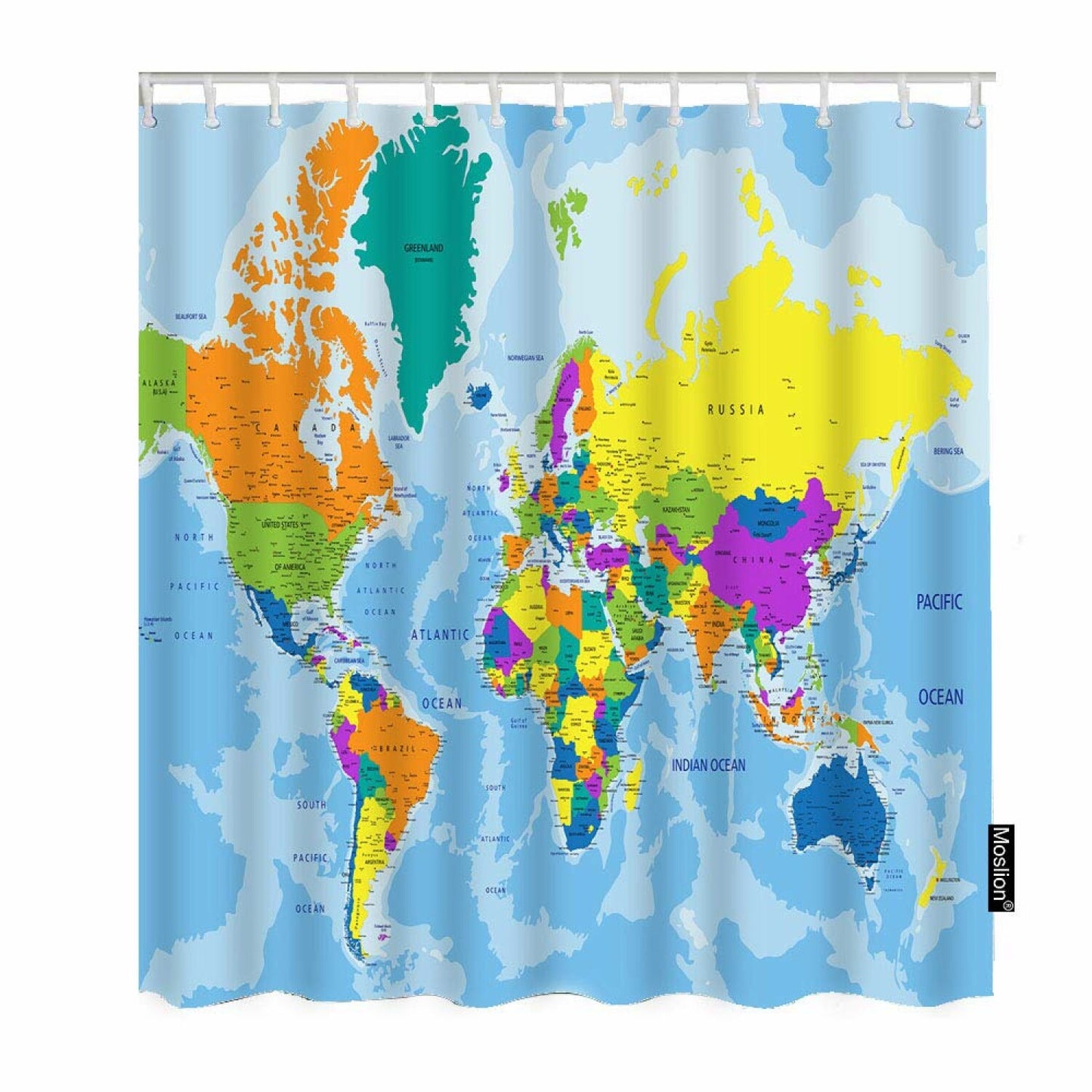 World Map Shower Curtain Set 72x72 Inch Blue