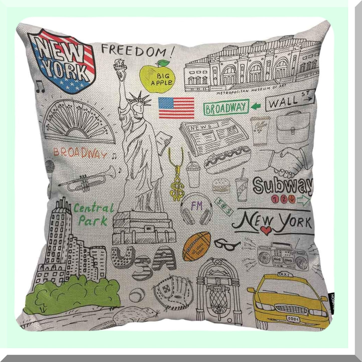 Cityscape Dreams Decorative Pillow Cover - NYC Skyline, Broadway Lights, Coffee Cup, Museum Art, Central Park Greenery - 20x20 Inch Square Accent Pillow Case
