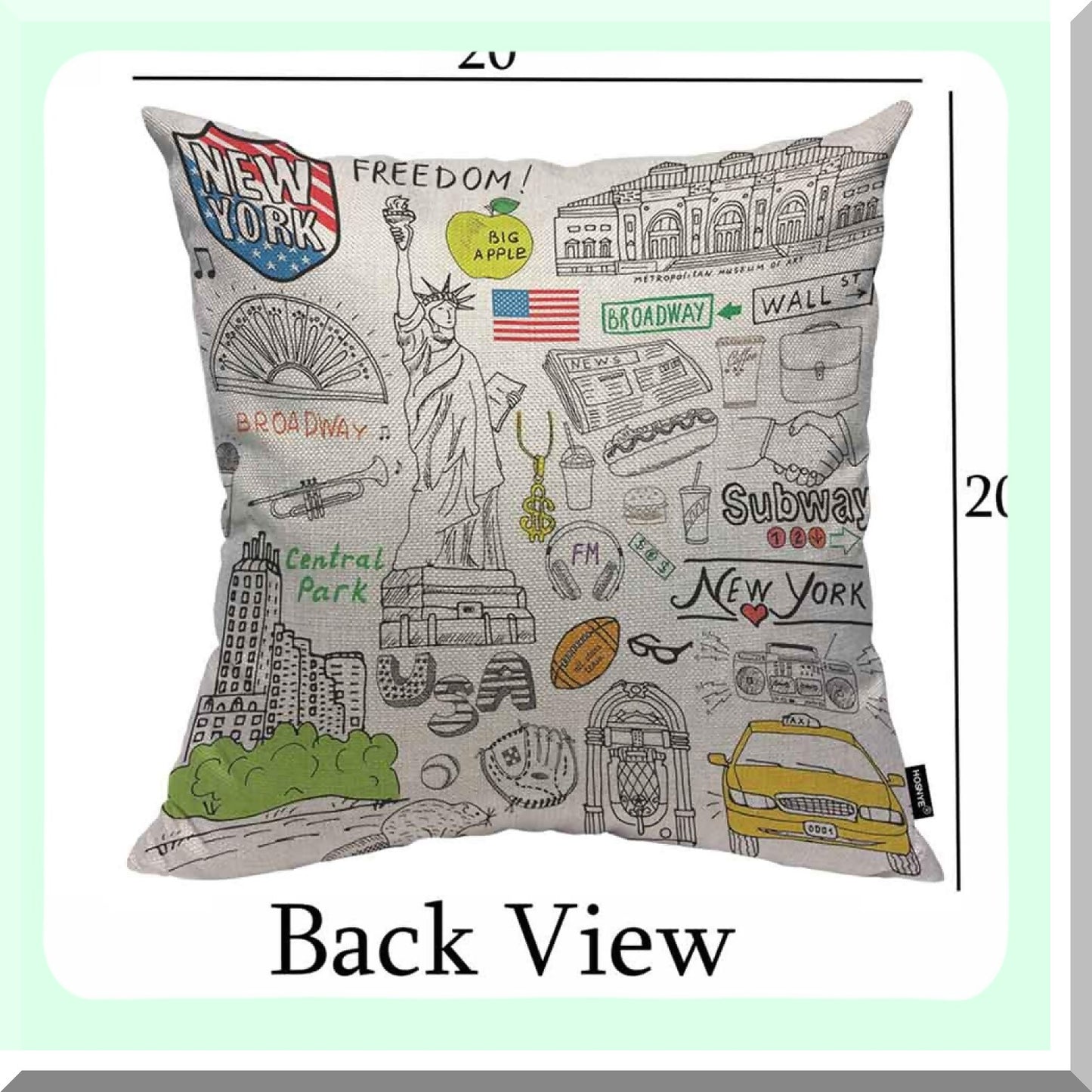 Cityscape Dreams Decorative Pillow Cover - NYC Skyline, Broadway Lights, Coffee Cup, Museum Art, Central Park Greenery - 20x20 Inch Square Accent Pillow Case