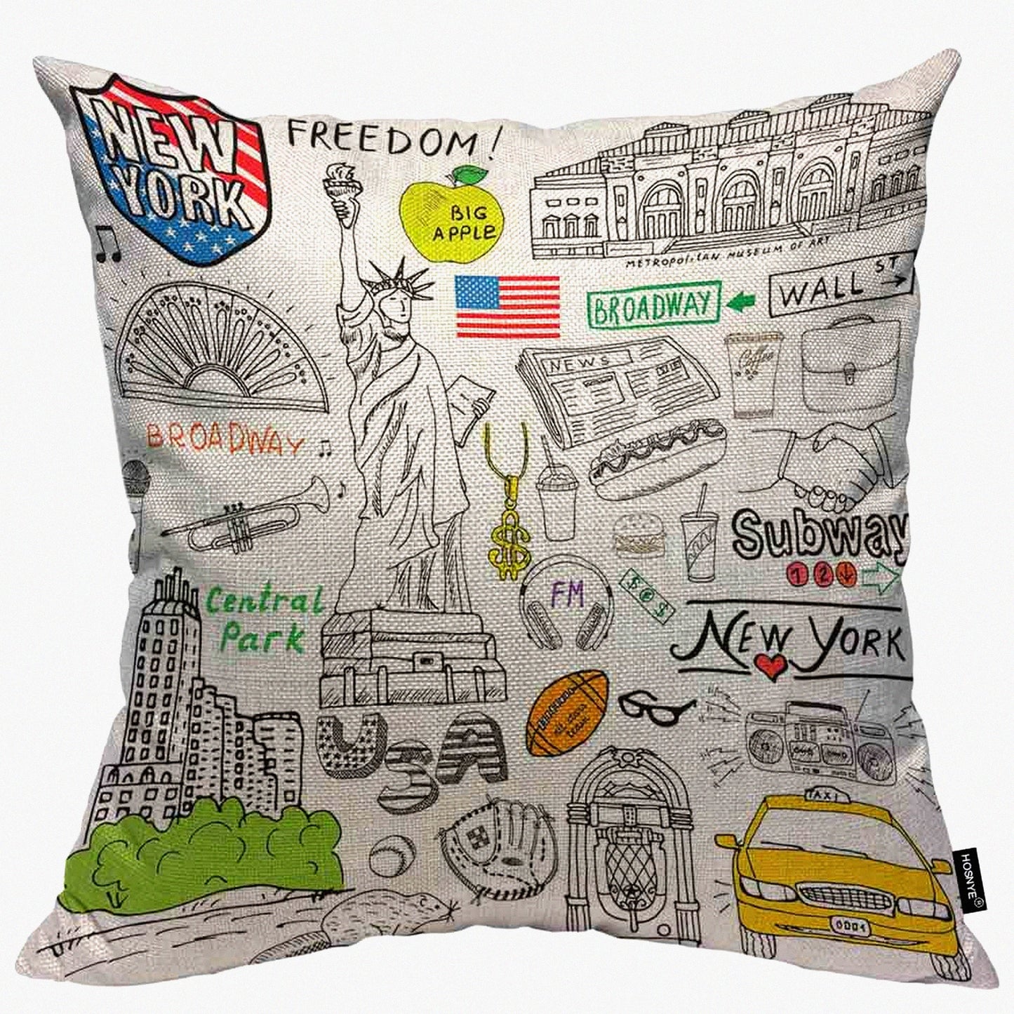 Cityscape Dreams Decorative Pillow Cover - NYC Skyline, Broadway Lights, Coffee Cup, Museum Art, Central Park Greenery - 20x20 Inch Square Accent Pillow Case