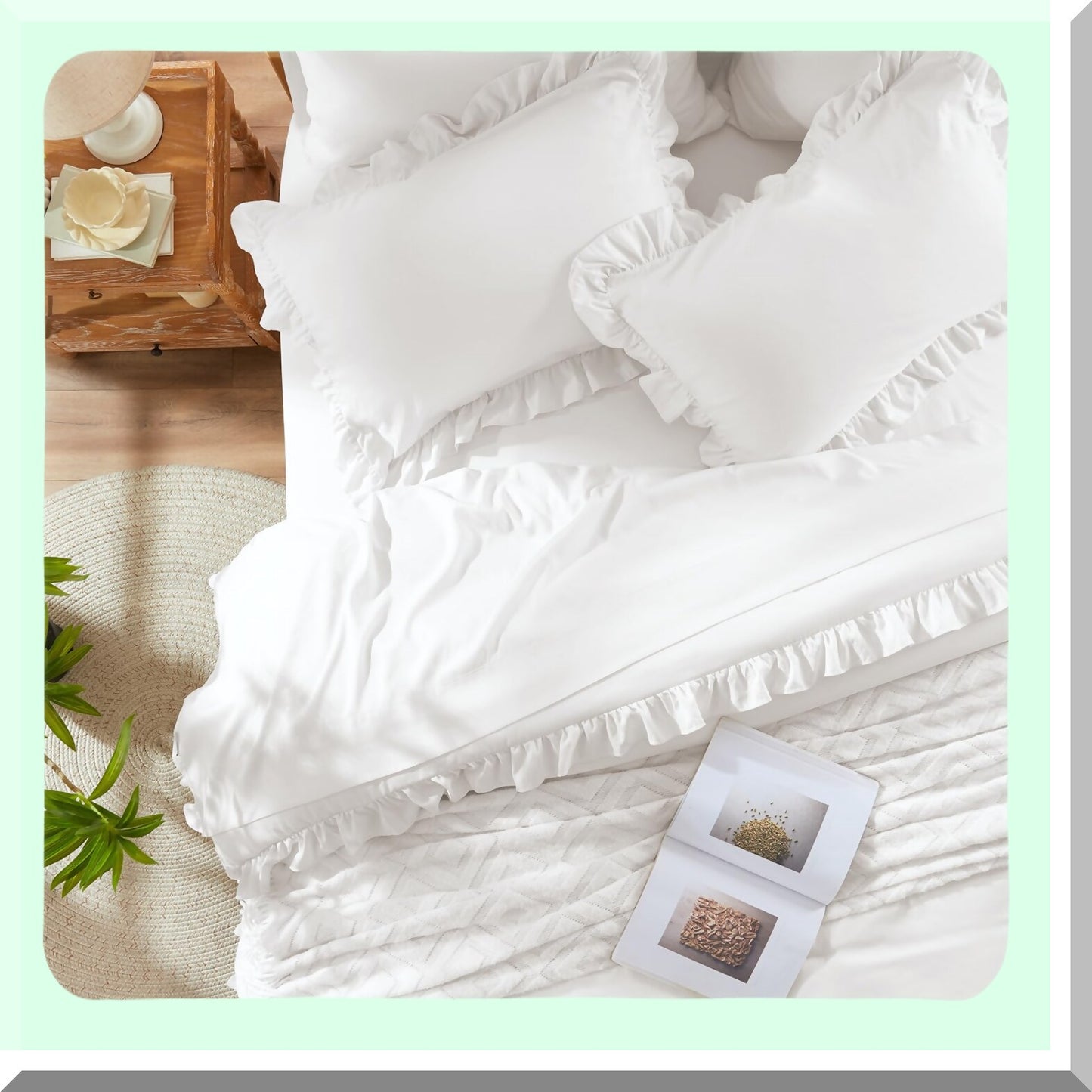 White Ruffle Chic Comforter Set - 7 Piece Bed in a Bag with Sheets, All Season Bedding Bundle: 1 Comforter, 2 Pillow Shams, 2 Pillowcases, 1 Flat Sheet, 1 Fitted Sheet.