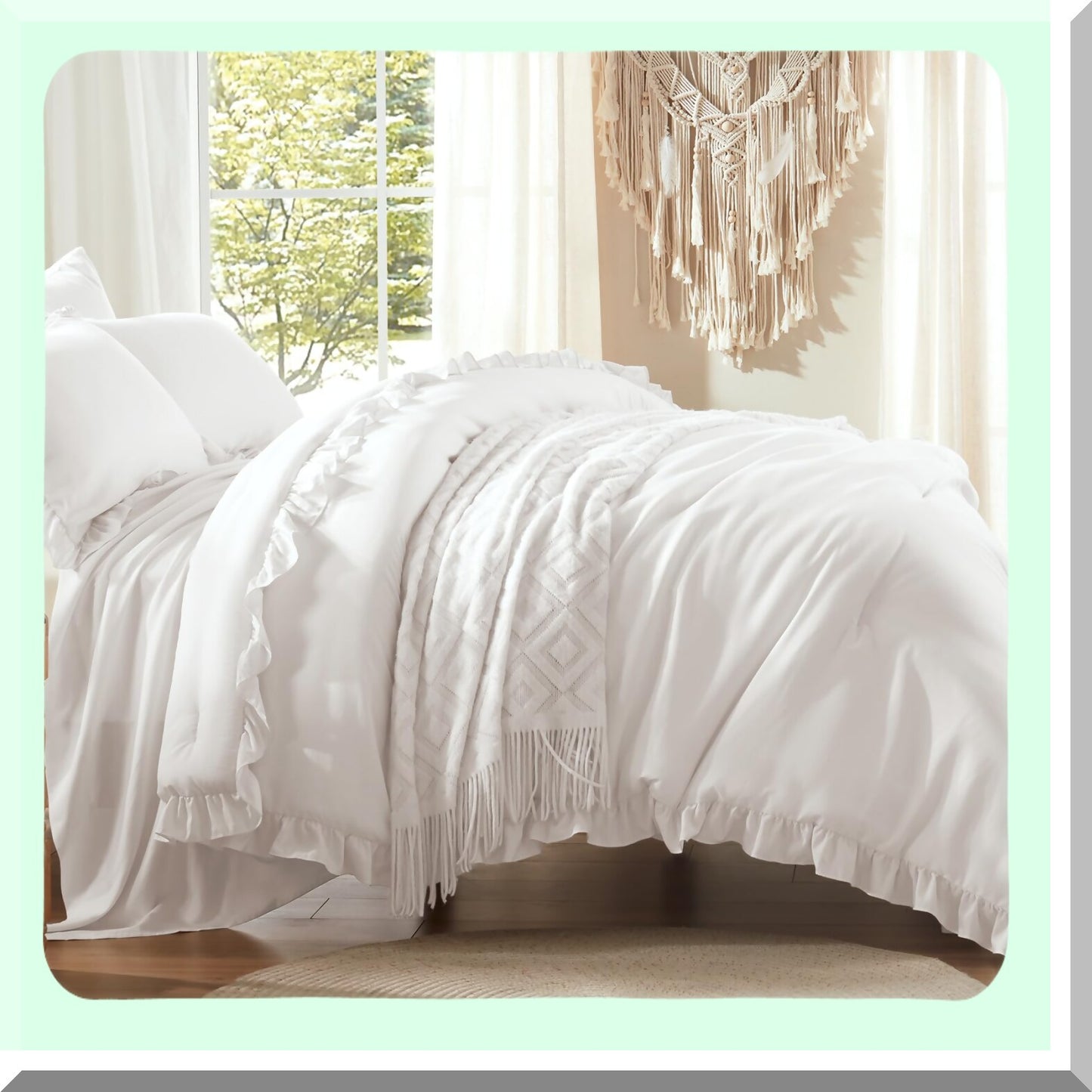 White Ruffle Chic Comforter Set - 7 Piece Bed in a Bag with Sheets, All Season Bedding Bundle: 1 Comforter, 2 Pillow Shams, 2 Pillowcases, 1 Flat Sheet, 1 Fitted Sheet.