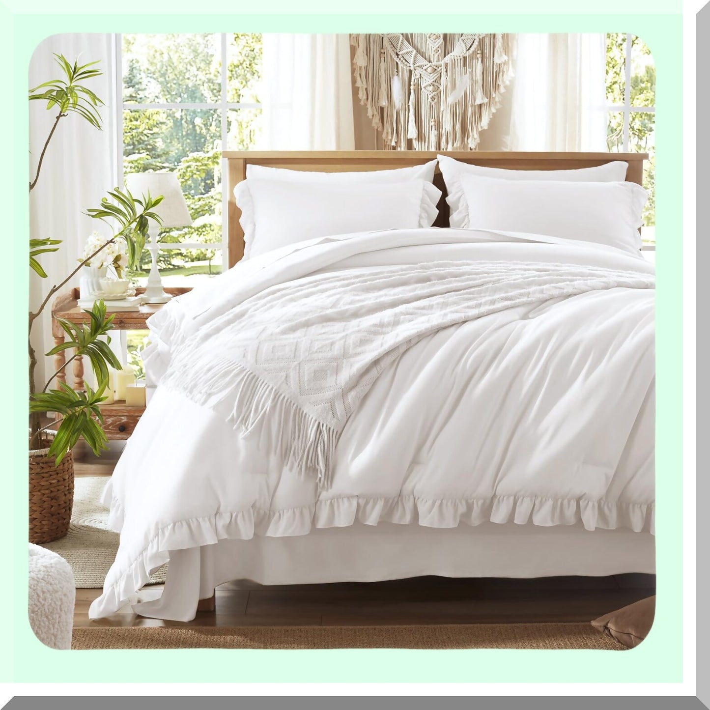 White Ruffle Chic Comforter Set - 7 Piece Bed in a Bag with Sheets, All Season Bedding Bundle: 1 Comforter, 2 Pillow Shams, 2 Pillowcases, 1 Flat Sheet, 1 Fitted Sheet.