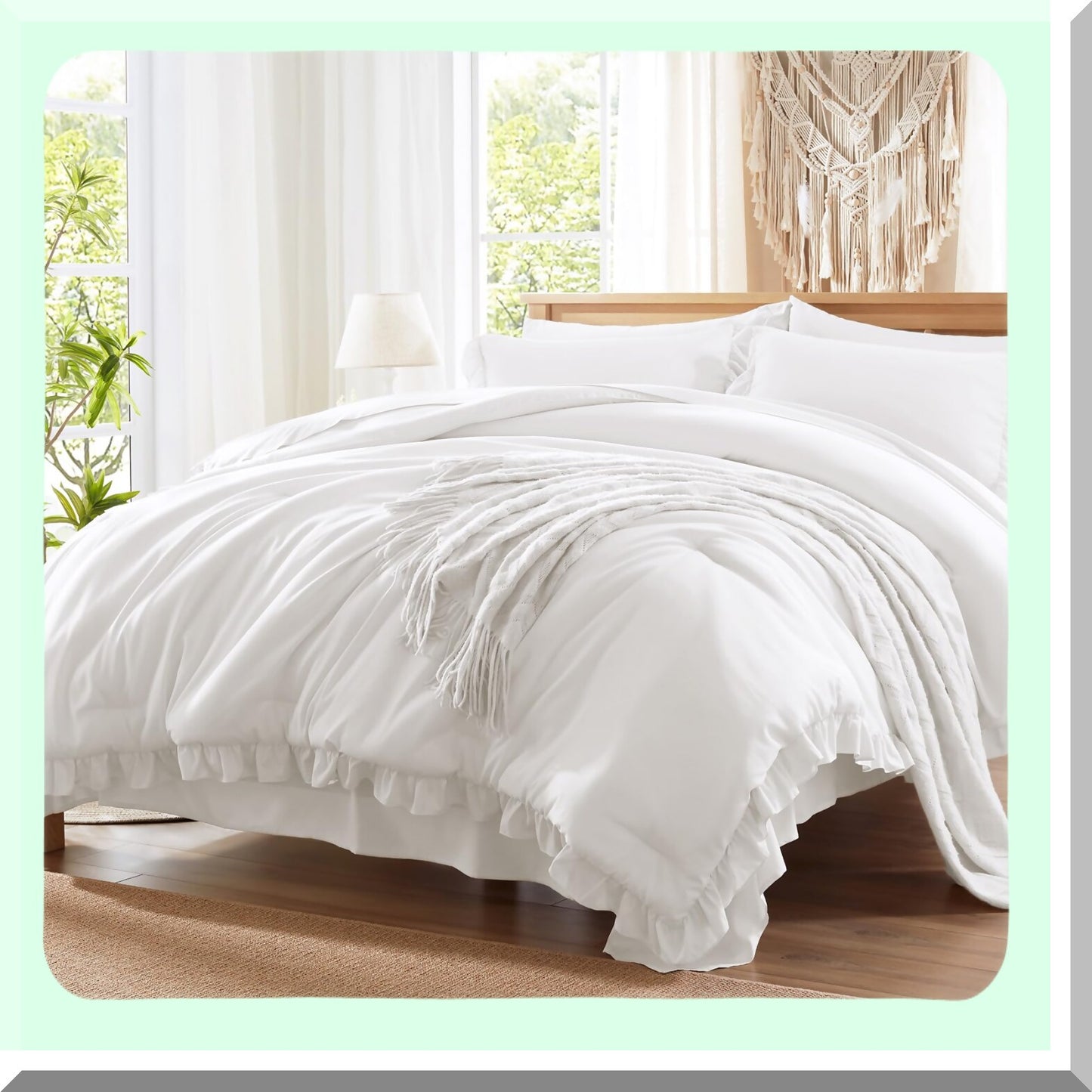 White Ruffle Chic Comforter Set - 7 Piece Bed in a Bag with Sheets, All Season Bedding Bundle: 1 Comforter, 2 Pillow Shams, 2 Pillowcases, 1 Flat Sheet, 1 Fitted Sheet.