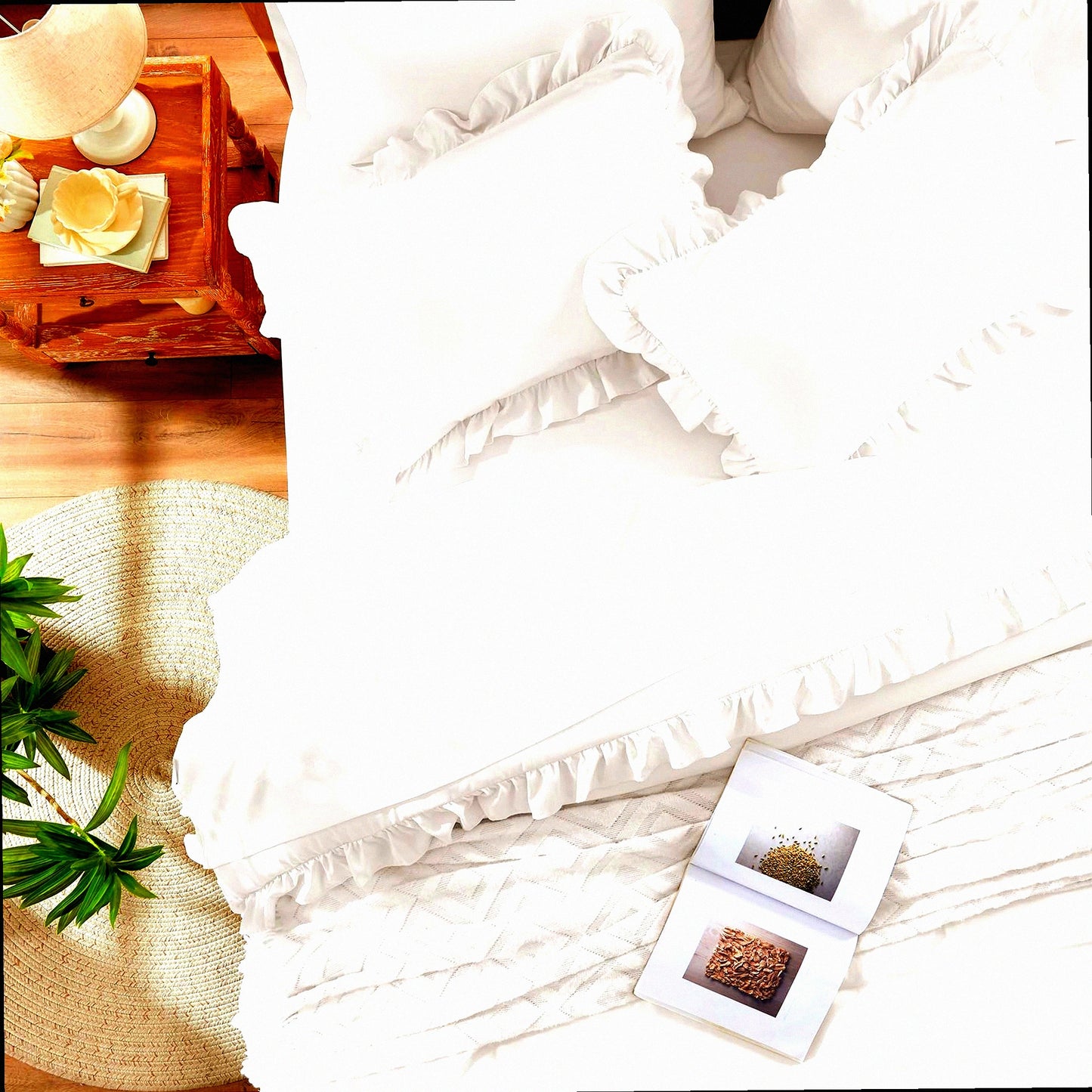 White Ruffle Chic Comforter Set - 7 Piece Bed in a Bag with Sheets, All Season Bedding Bundle: 1 Comforter, 2 Pillow Shams, 2 Pillowcases, 1 Flat Sheet, 1 Fitted Sheet.