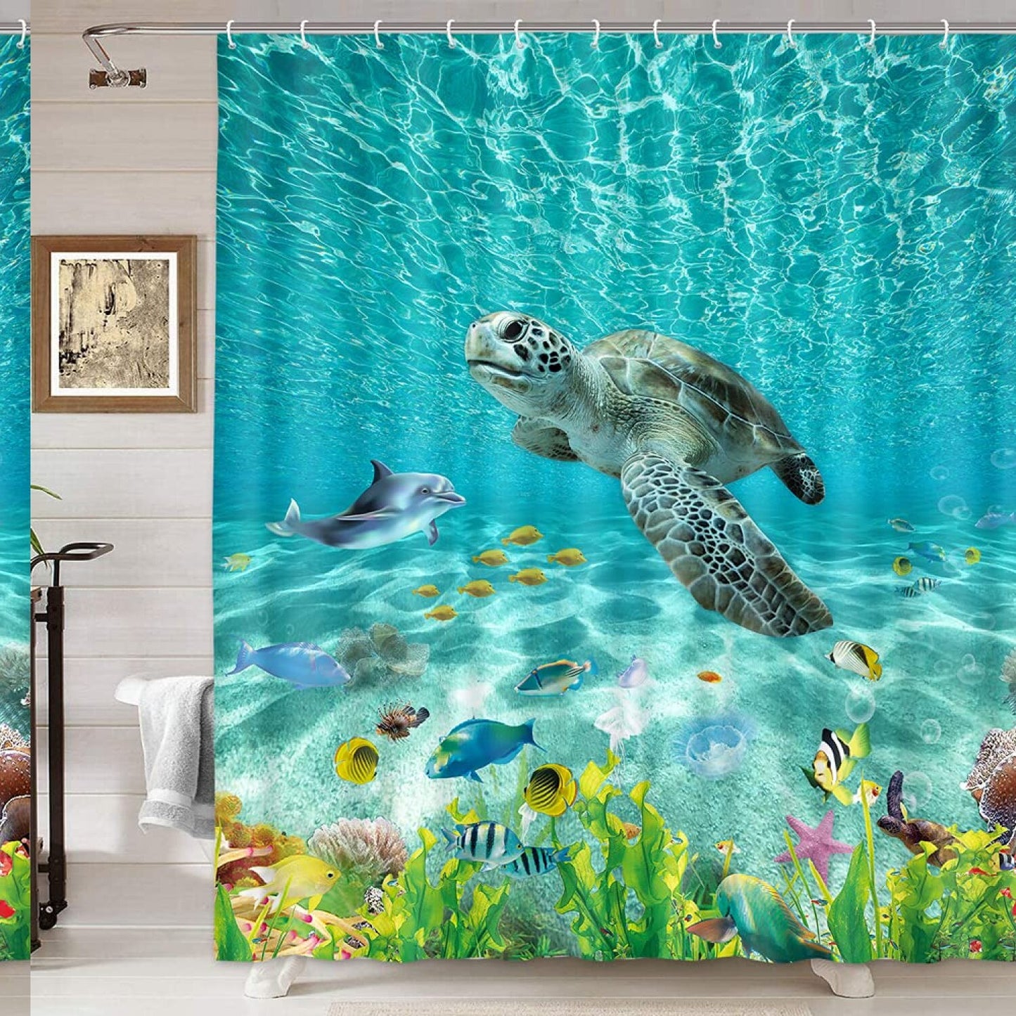 Sea Turtle Underwater Shower Curtain 69x70IN with Hooks
