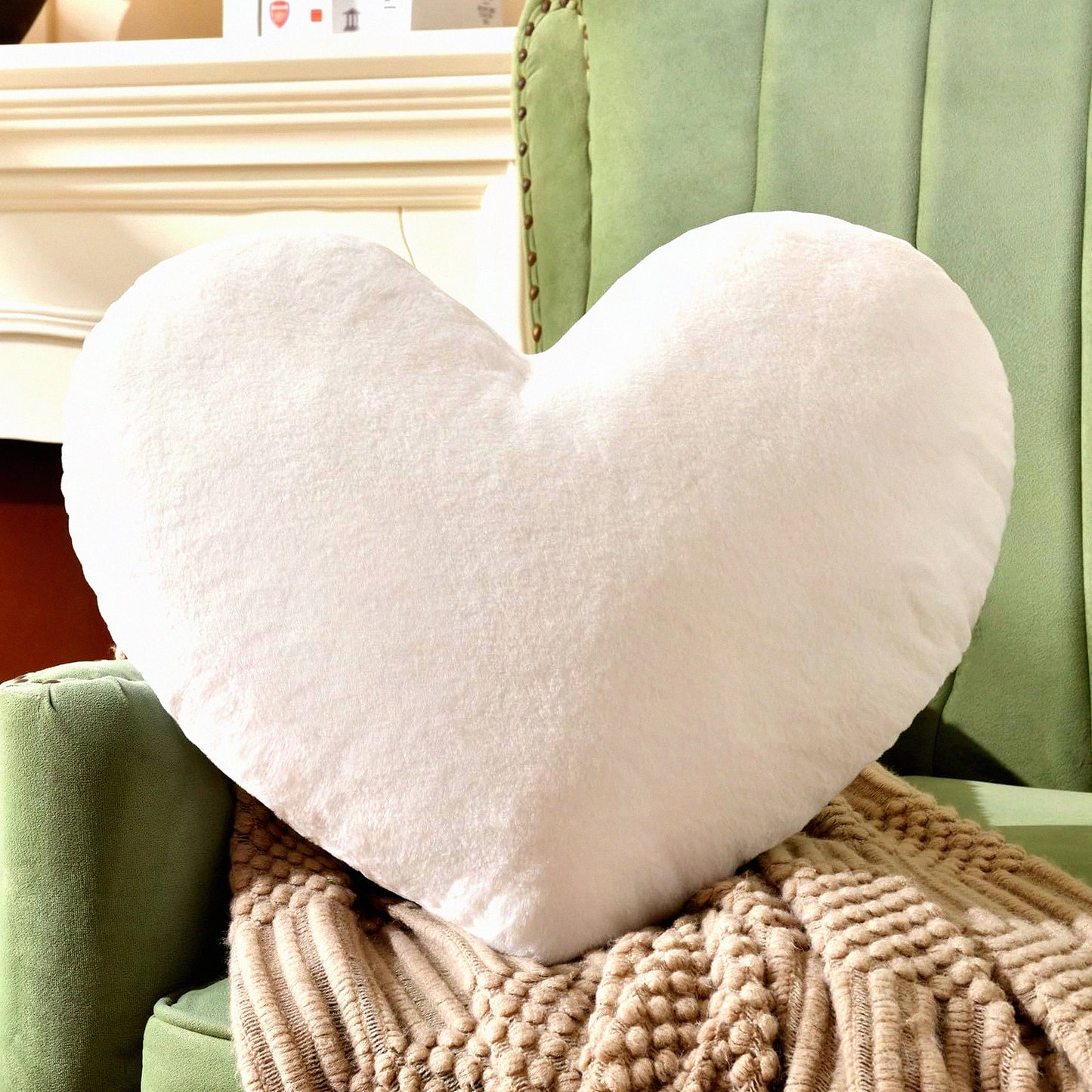 Fluffy Heart Pillow - Super Soft White Rabbit Heart Shaped Throw Pillows for Indoor and Outdoor Decor