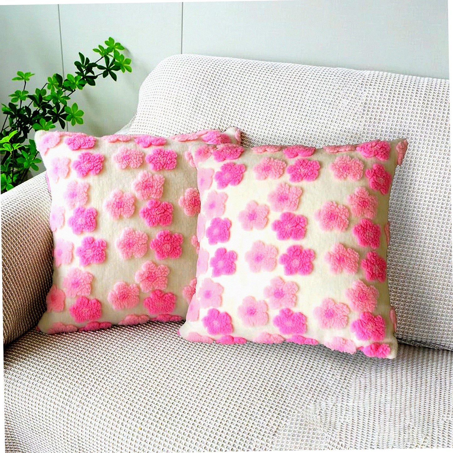 Plush Jacquard Pillowcase Set - Soft Decorative Throw Pillow Covers 18x18 - Cute Square Cushion for Sofa Bedroom Living Room - Valentine's Day Pink x2