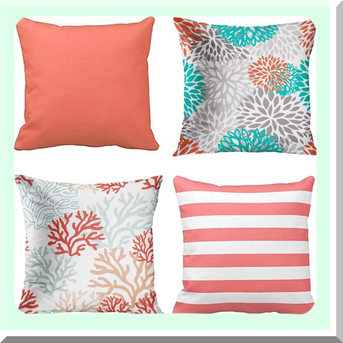 Coral White Decorative Pillow Covers Set - Orange Gray Turquoise Square 20x20 Inches - Solid Color Etc Home Decor Pillowcases - Pack of 4