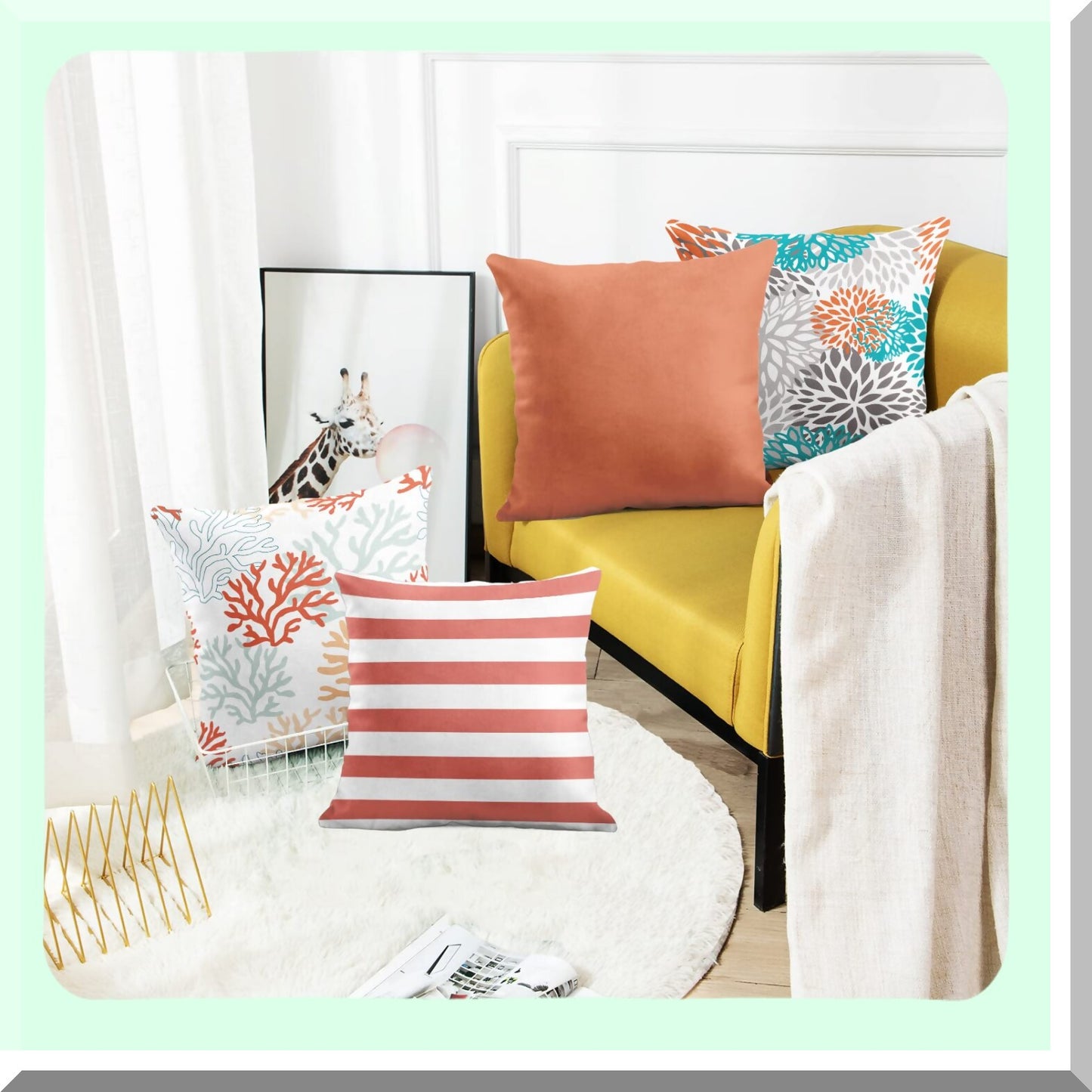 Coral White Decorative Pillow Covers Set - Orange Gray Turquoise Square 20x20 Inches - Solid Color Etc Home Decor Pillowcases - Pack of 4