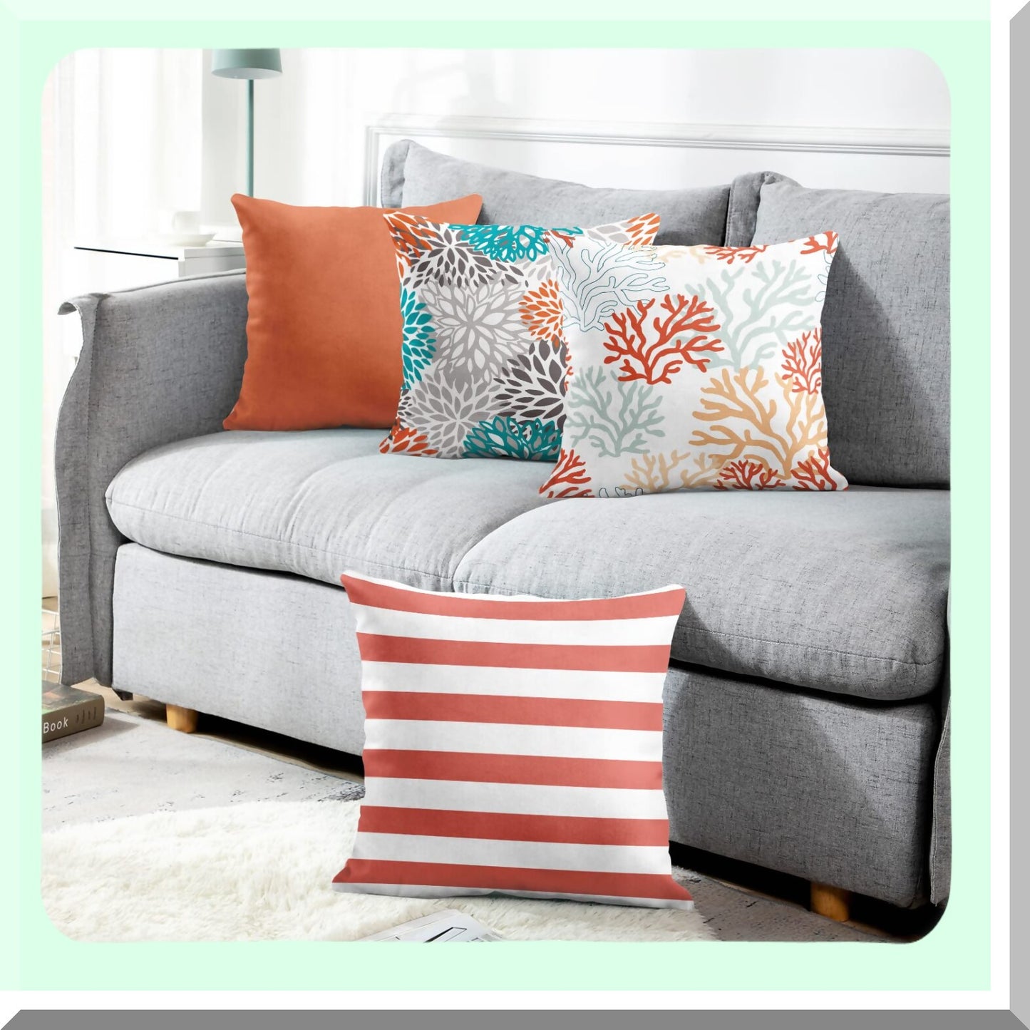 Coral White Decorative Pillow Covers Set - Orange Gray Turquoise Square 20x20 Inches - Solid Color Etc Home Decor Pillowcases - Pack of 4