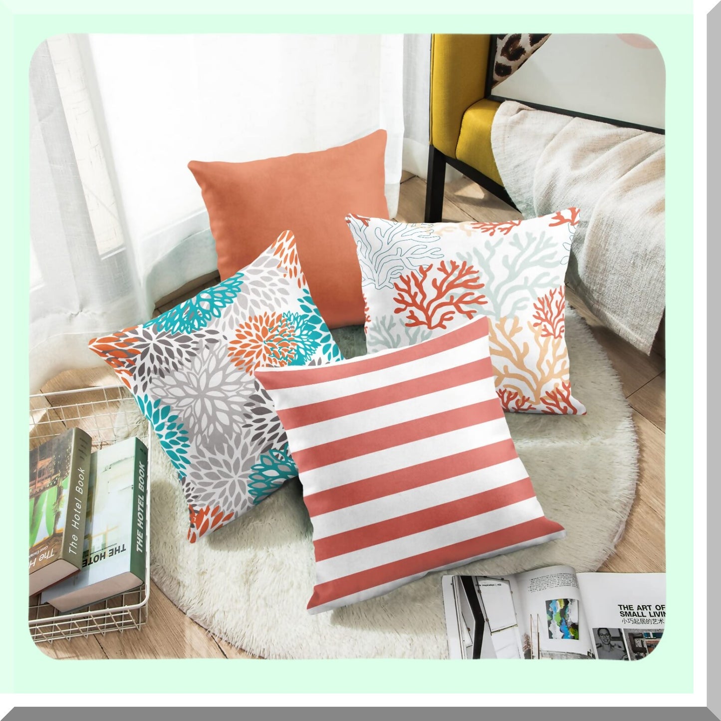 Coral White Decorative Pillow Covers Set - Orange Gray Turquoise Square 20x20 Inches - Solid Color Etc Home Decor Pillowcases - Pack of 4