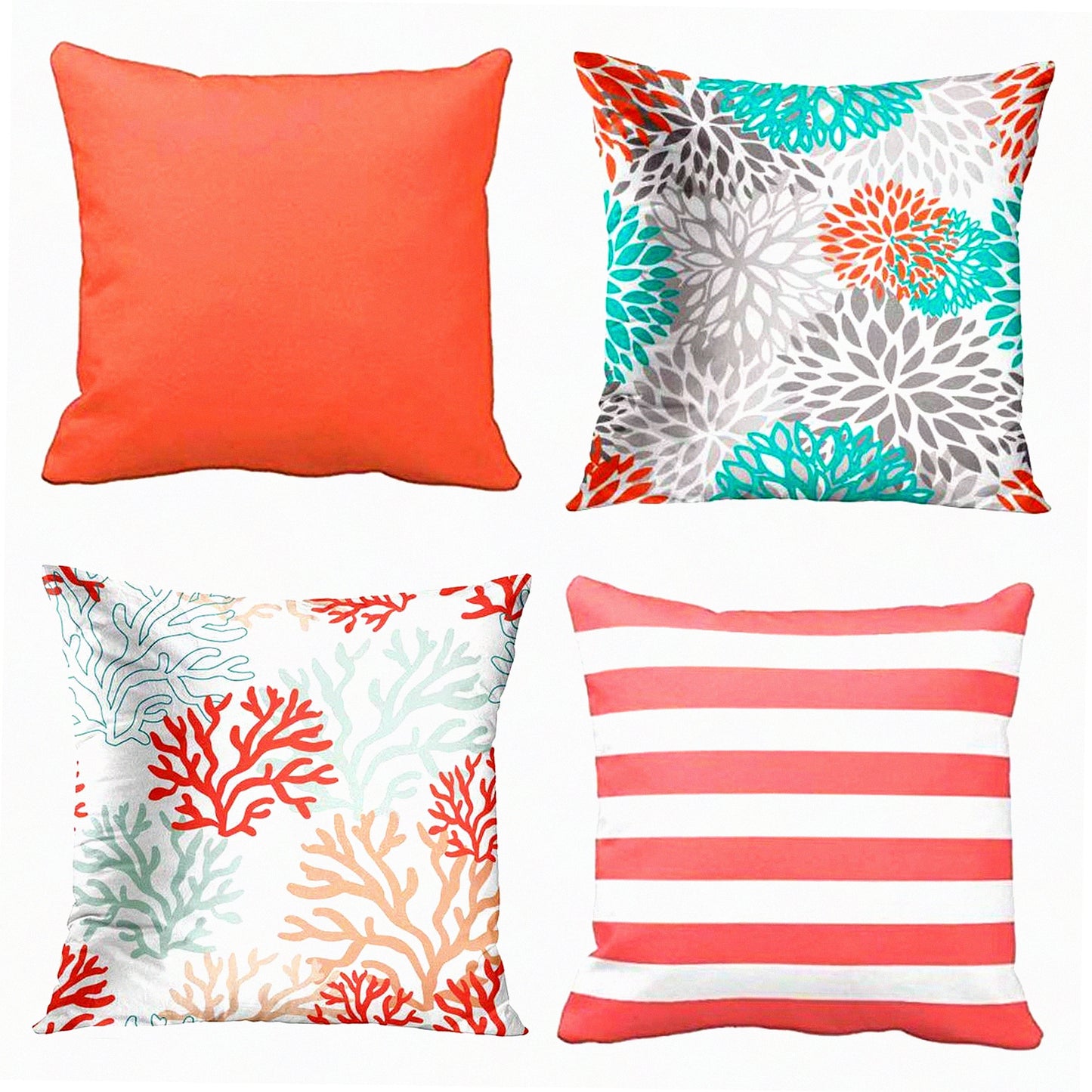 Coral White Decorative Pillow Covers Set - Orange Gray Turquoise Square 20x20 Inches - Solid Color Etc Home Decor Pillowcases - Pack of 4
