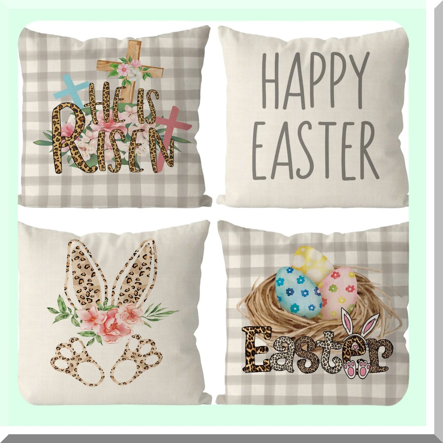 Easter Blessings Pillow Covers Set - Floral Buffalo Plaid Throw Pillowcase Bunny Eggs Decorative Pillows - Home Sofa Bedroom Decor Cushion 18x18 Inch