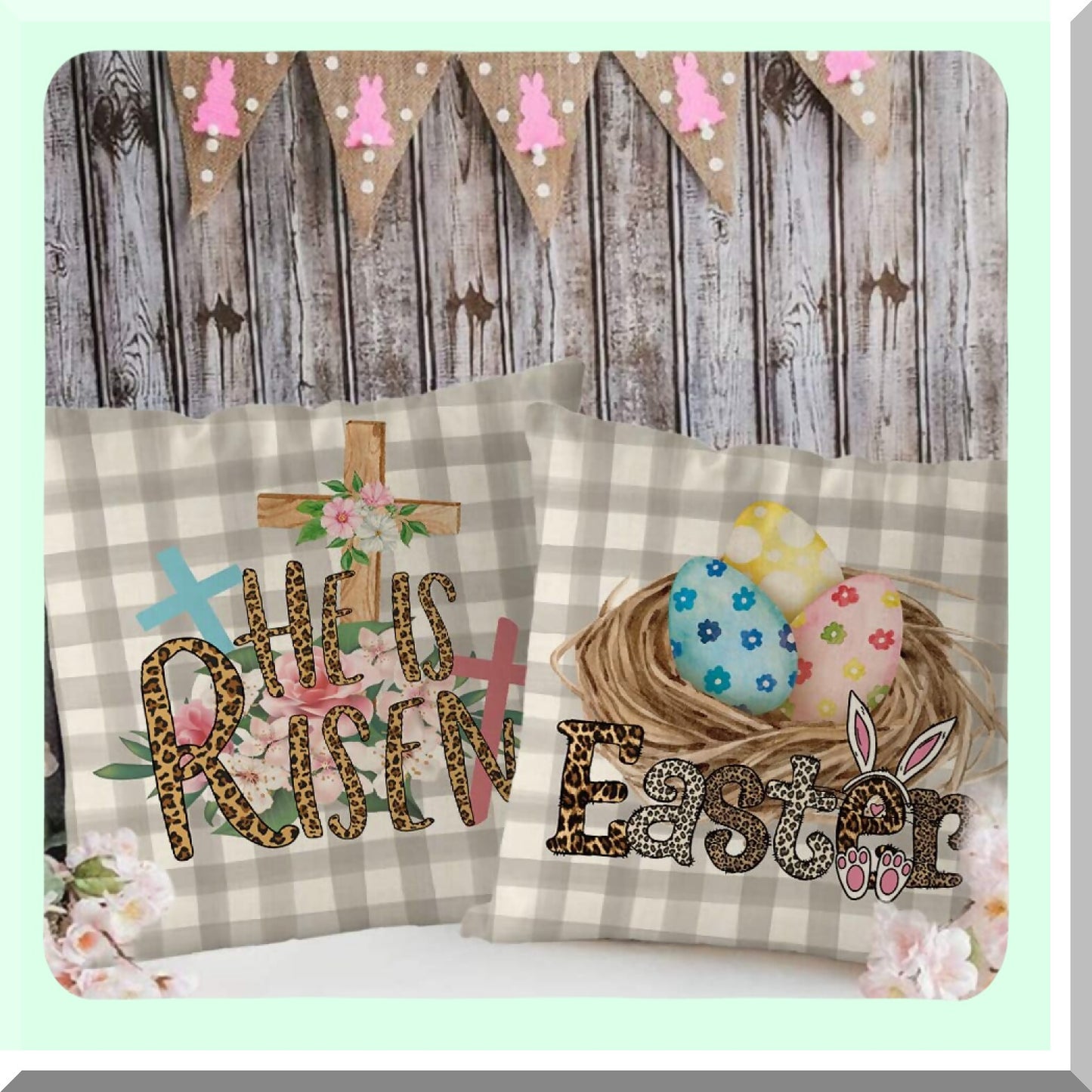 Easter Blessings Pillow Covers Set - Floral Buffalo Plaid Throw Pillowcase Bunny Eggs Decorative Pillows - Home Sofa Bedroom Decor Cushion 18x18 Inch
