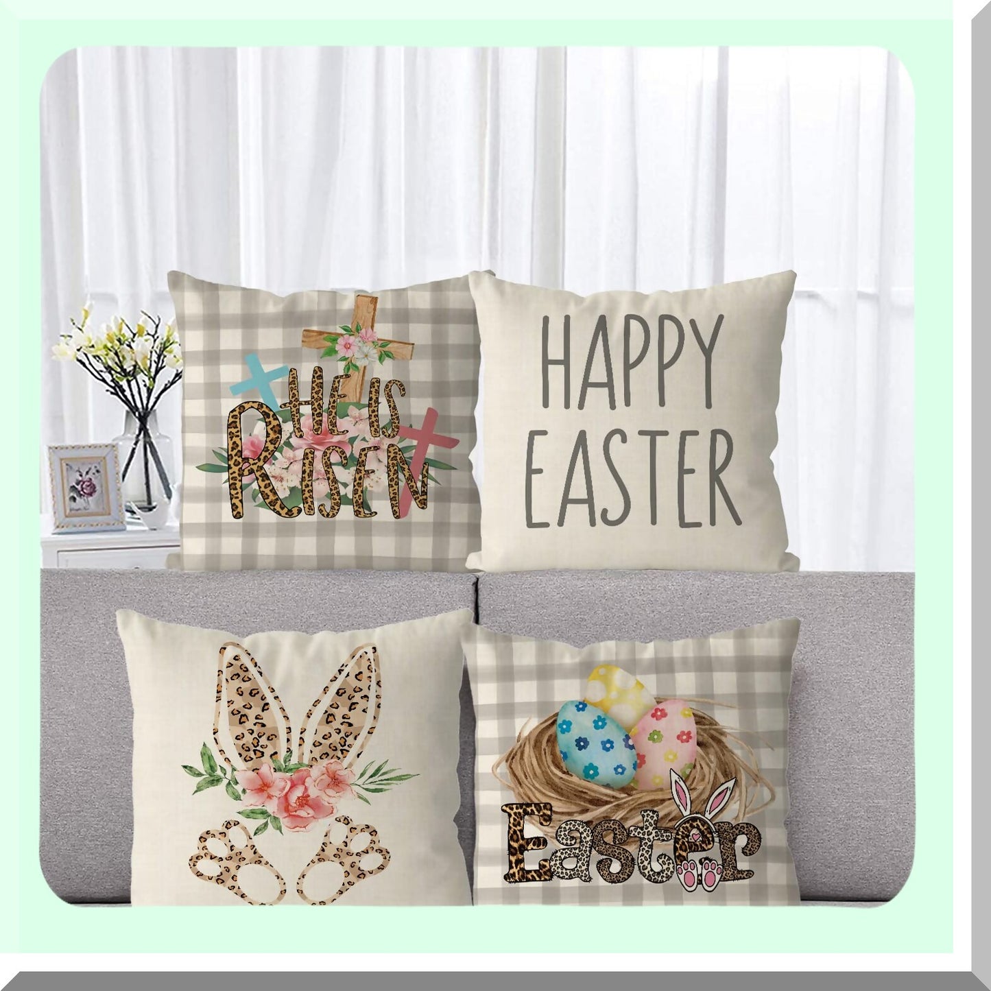 Easter Blessings Pillow Covers Set - Floral Buffalo Plaid Throw Pillowcase Bunny Eggs Decorative Pillows - Home Sofa Bedroom Decor Cushion 18x18 Inch