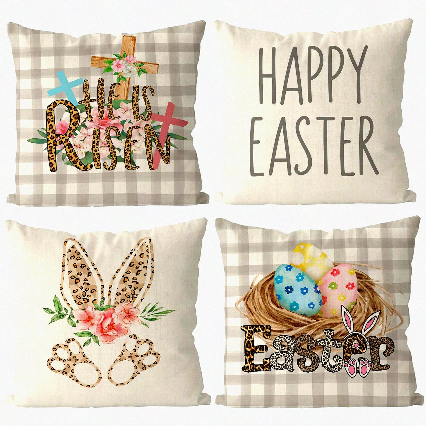 Easter Blessings Pillow Covers Set - Floral Buffalo Plaid Throw Pillowcase Bunny Eggs Decorative Pillows - Home Sofa Bedroom Decor Cushion 18x18 Inch