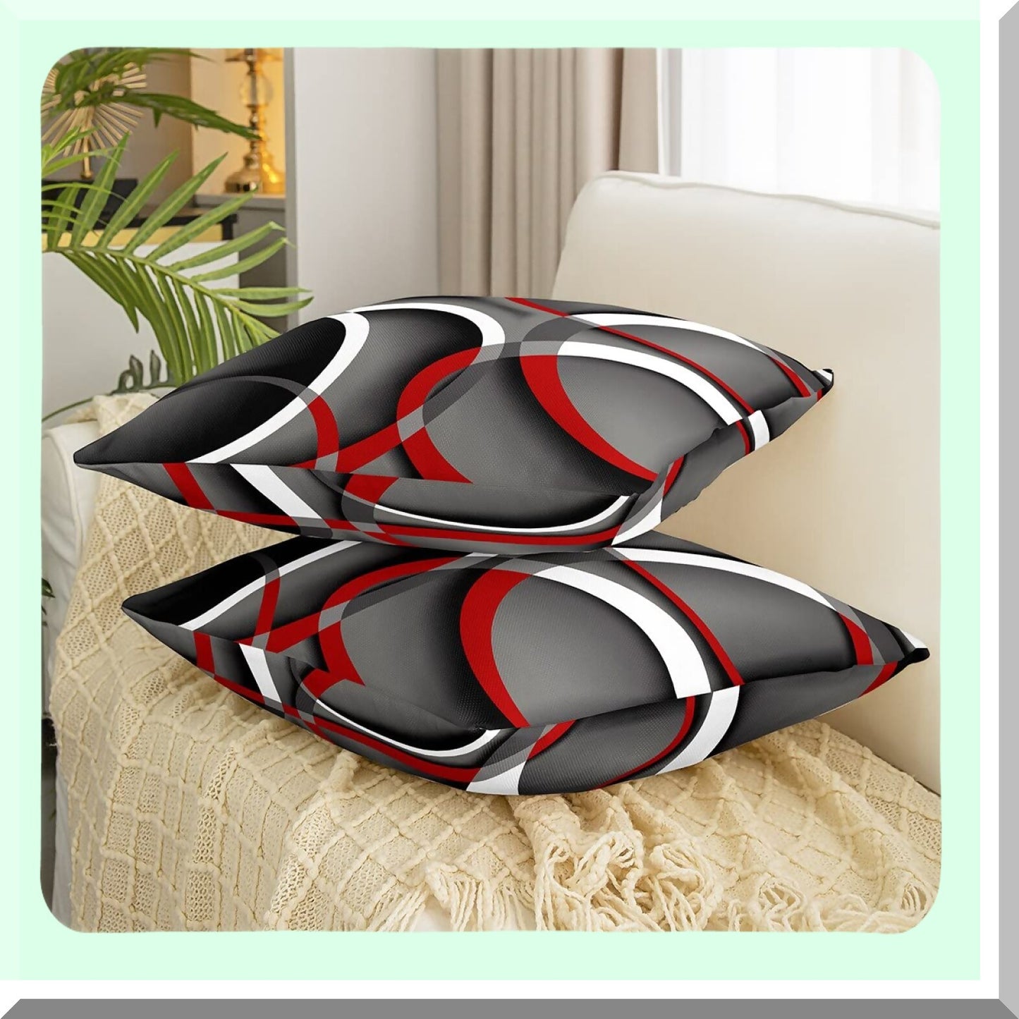 Geometric Swirls Double-Sided Pillow Covers - Set of 2, Modern Abstract Square Cushion Cases for Room Decor, Soft Gray Black Red Print 18"x18"