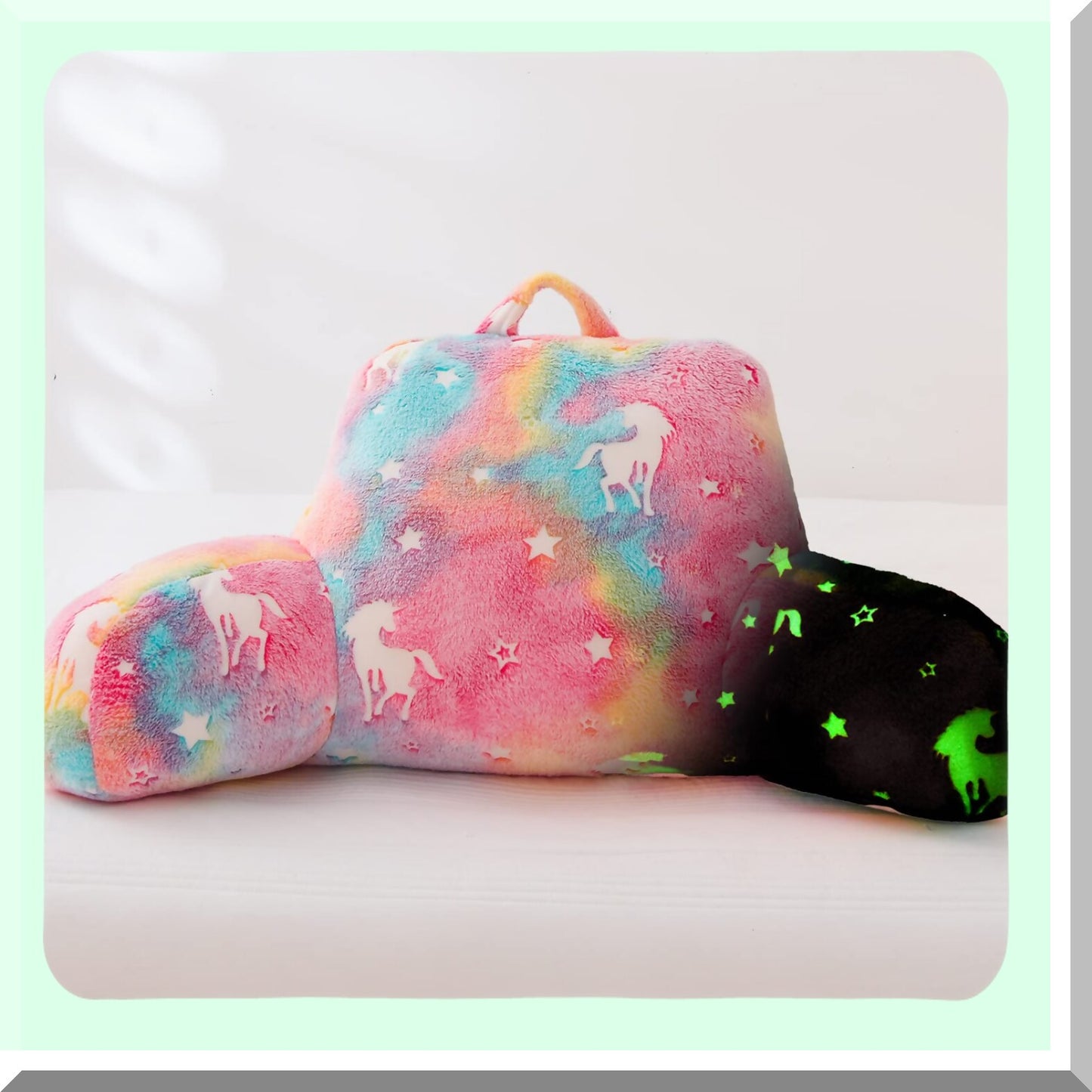 Rainbow Glow Bed Rest Pillow - Unicorn Print Backrest Wedge with Arms Support for Kids, Reading in The Dark, Sitting Up Cushion