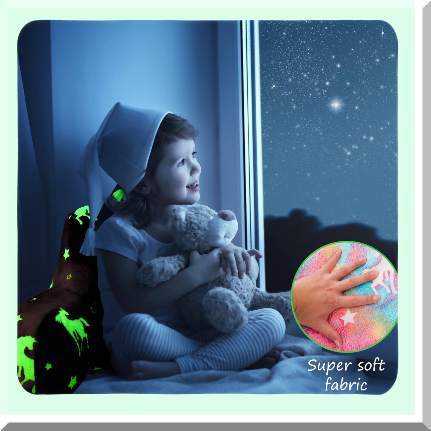 Rainbow Glow Bed Rest Pillow - Unicorn Print Backrest Wedge with Arms Support for Kids, Reading in The Dark, Sitting Up Cushion