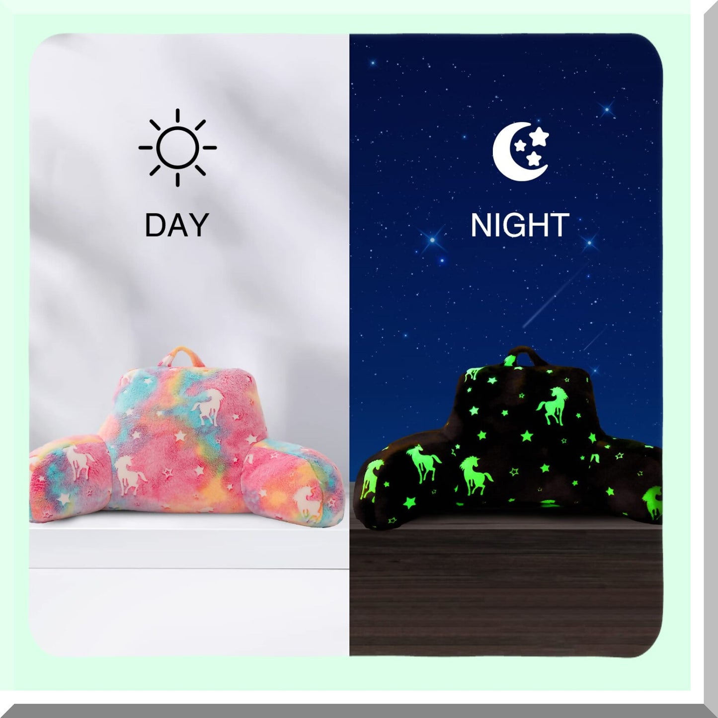 Rainbow Glow Bed Rest Pillow - Unicorn Print Backrest Wedge with Arms Support for Kids, Reading in The Dark, Sitting Up Cushion