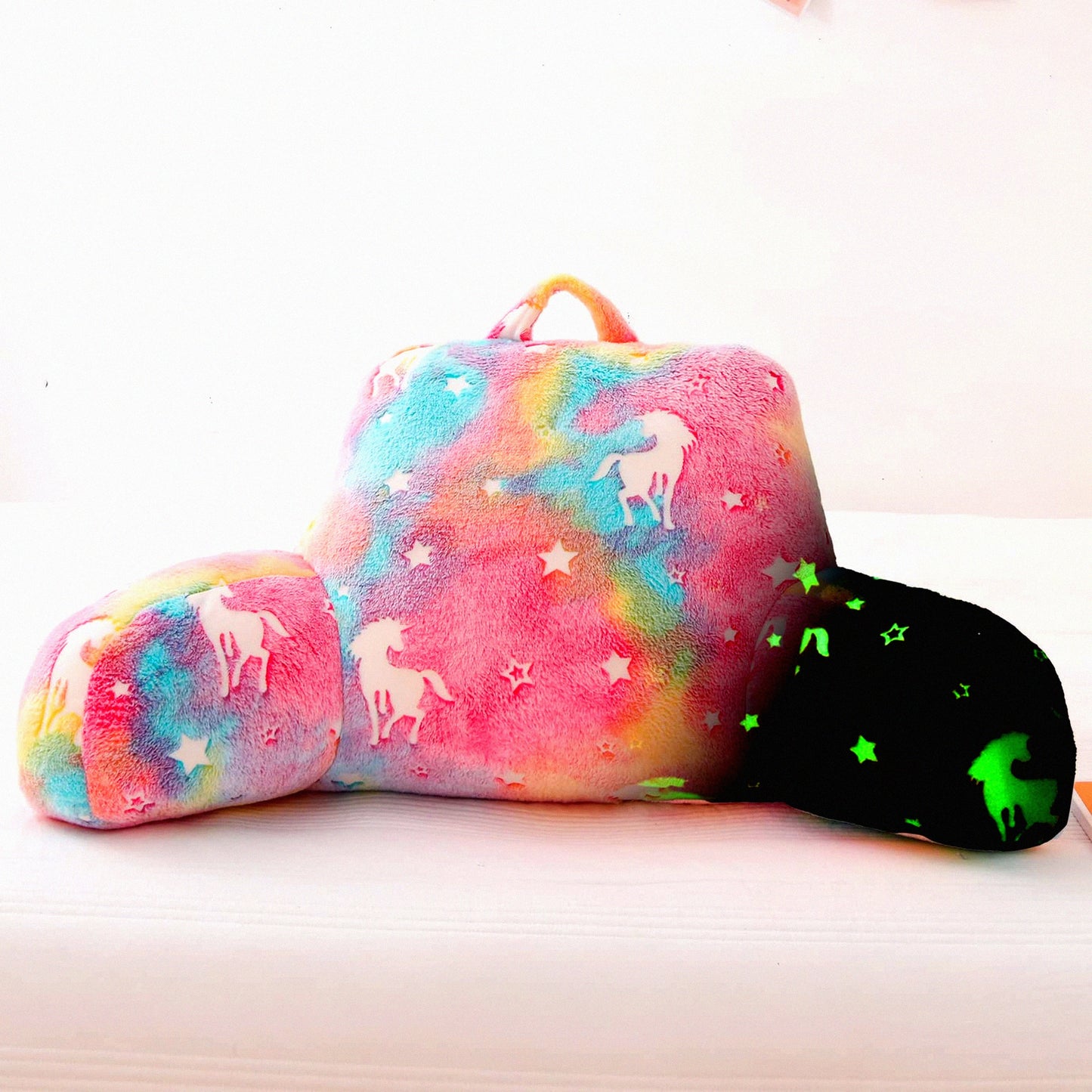Rainbow Glow Bed Rest Pillow - Unicorn Print Backrest Wedge with Arms Support for Kids, Reading in The Dark, Sitting Up Cushion