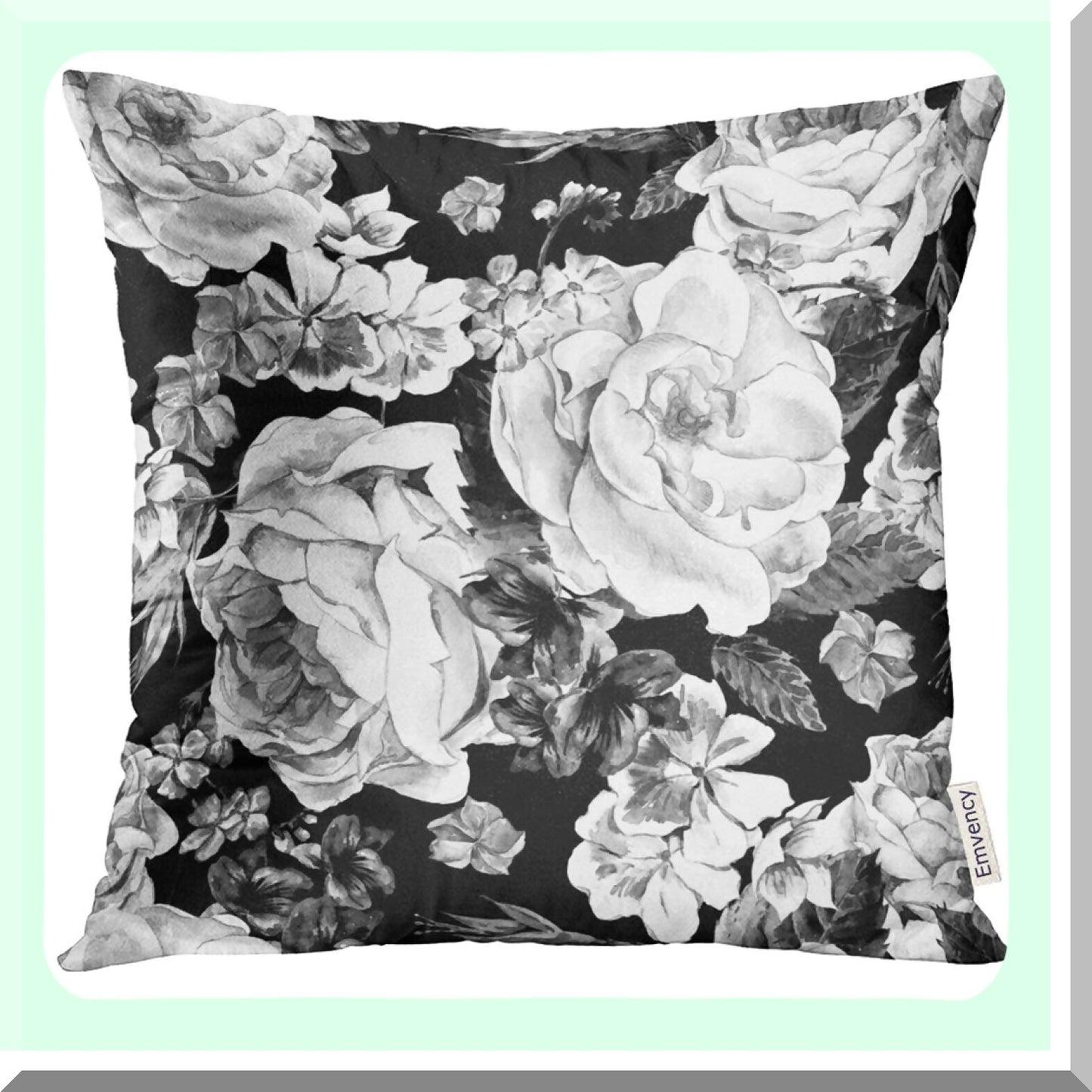Vintage Floral Watercolor Pillowcase - Black and White Decorative Throw Pillow Cover with Roses, Daisy, and Blue Wild Flowers - Home Decor Square 16x16 Inches