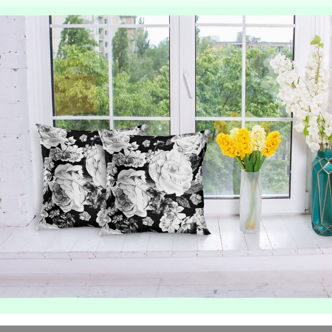 Vintage Floral Watercolor Pillowcase - Black and White Decorative Throw Pillow Cover with Roses, Daisy, and Blue Wild Flowers - Home Decor Square 16x16 Inches