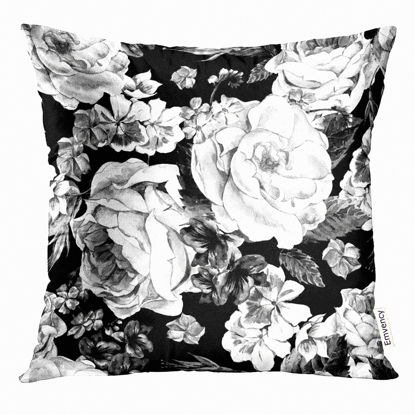 Vintage Floral Watercolor Pillowcase - Black and White Decorative Throw Pillow Cover with Roses, Daisy, and Blue Wild Flowers - Home Decor Square 16x16 Inches