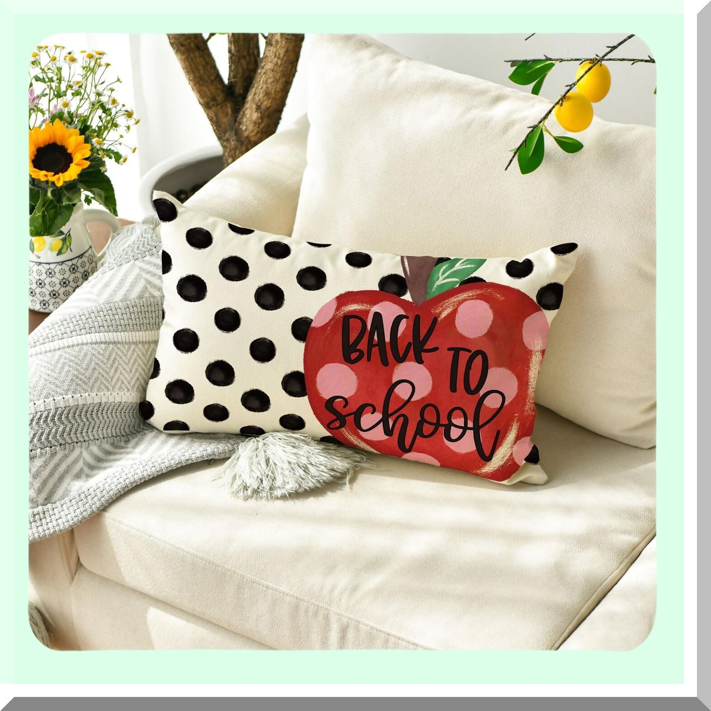 Polka Dots School Days Pillow Cover - 12x20 Inch Back to School Decor for Sofa Couch - Apple Theme First Day of School Accent