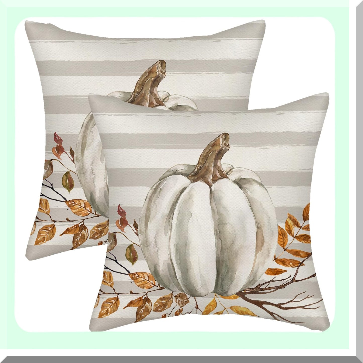 Autumn Harvest Gray Stripes Pillow Covers - Set of 2, 18x18 Decorative Throw Pillows Case for Couch with Maple Leaves & Pumpkin Decor - Indoor Outdoor Sofa Bed Decorations