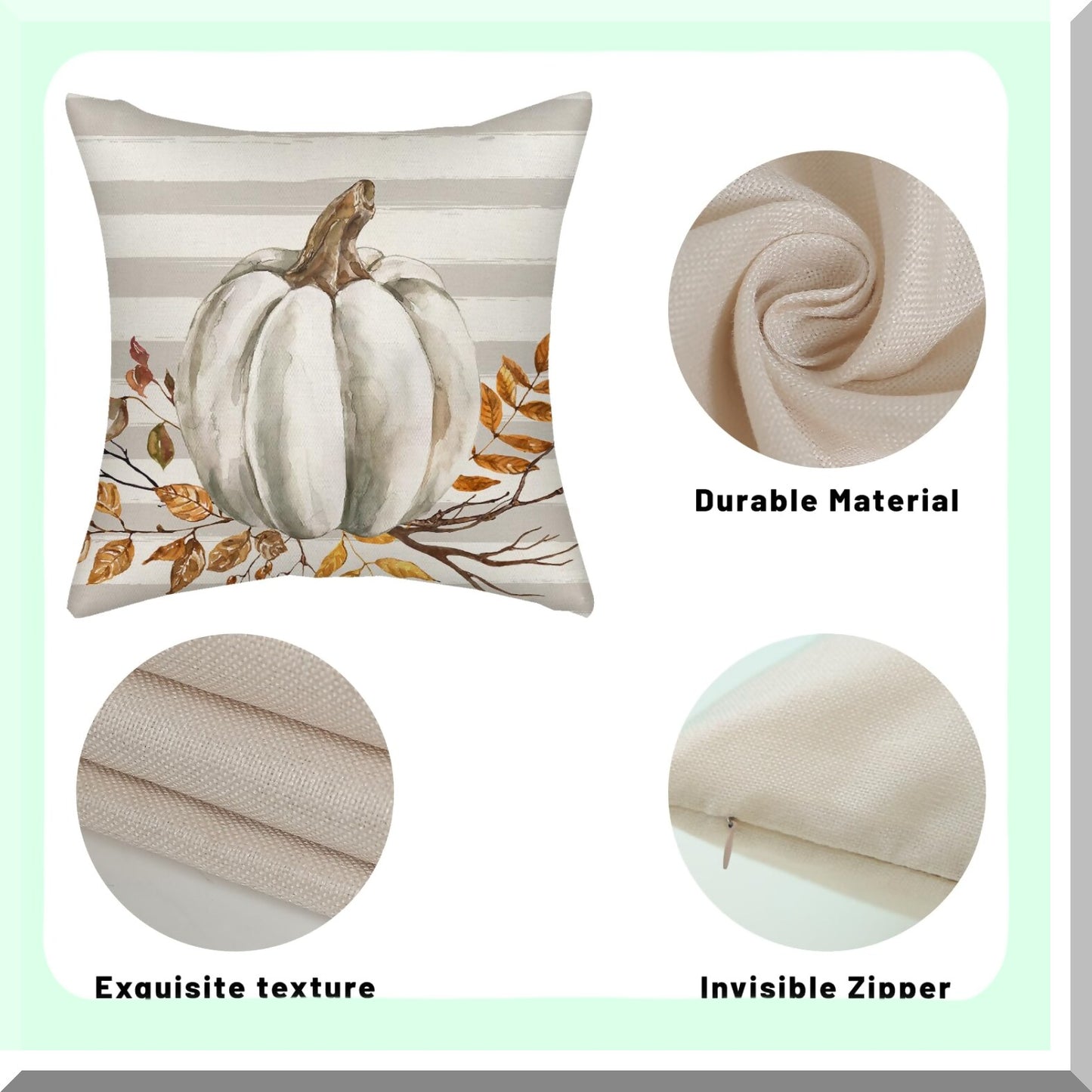 Autumn Harvest Gray Stripes Pillow Covers - Set of 2, 18x18 Decorative Throw Pillows Case for Couch with Maple Leaves & Pumpkin Decor - Indoor Outdoor Sofa Bed Decorations