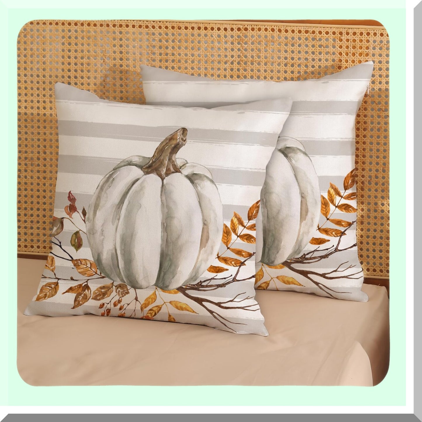 Autumn Harvest Gray Stripes Pillow Covers - Set of 2, 18x18 Decorative Throw Pillows Case for Couch with Maple Leaves & Pumpkin Decor - Indoor Outdoor Sofa Bed Decorations