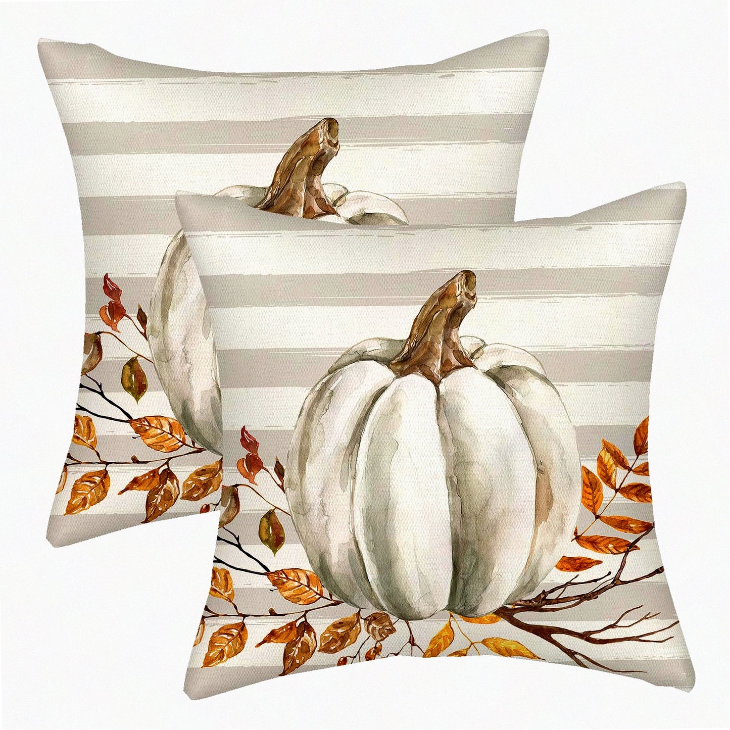 Autumn Harvest Gray Stripes Pillow Covers - Set of 2, 18x18 Decorative Throw Pillows Case for Couch with Maple Leaves & Pumpkin Decor - Indoor Outdoor Sofa Bed Decorations