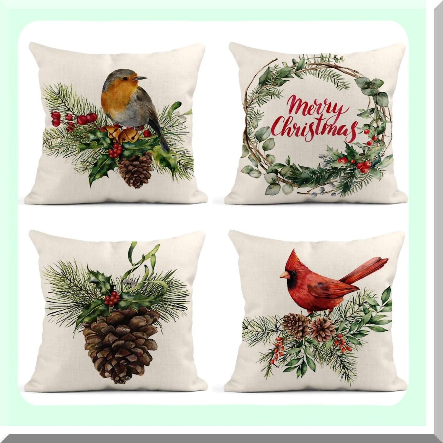 Watercolor Pine Cone Cardinal Linen Pillow Covers - Set of 4 | 18x18 Inches Home Decor Cushion Covers for Couch Sofa Bed | Square Flax Pillowcase